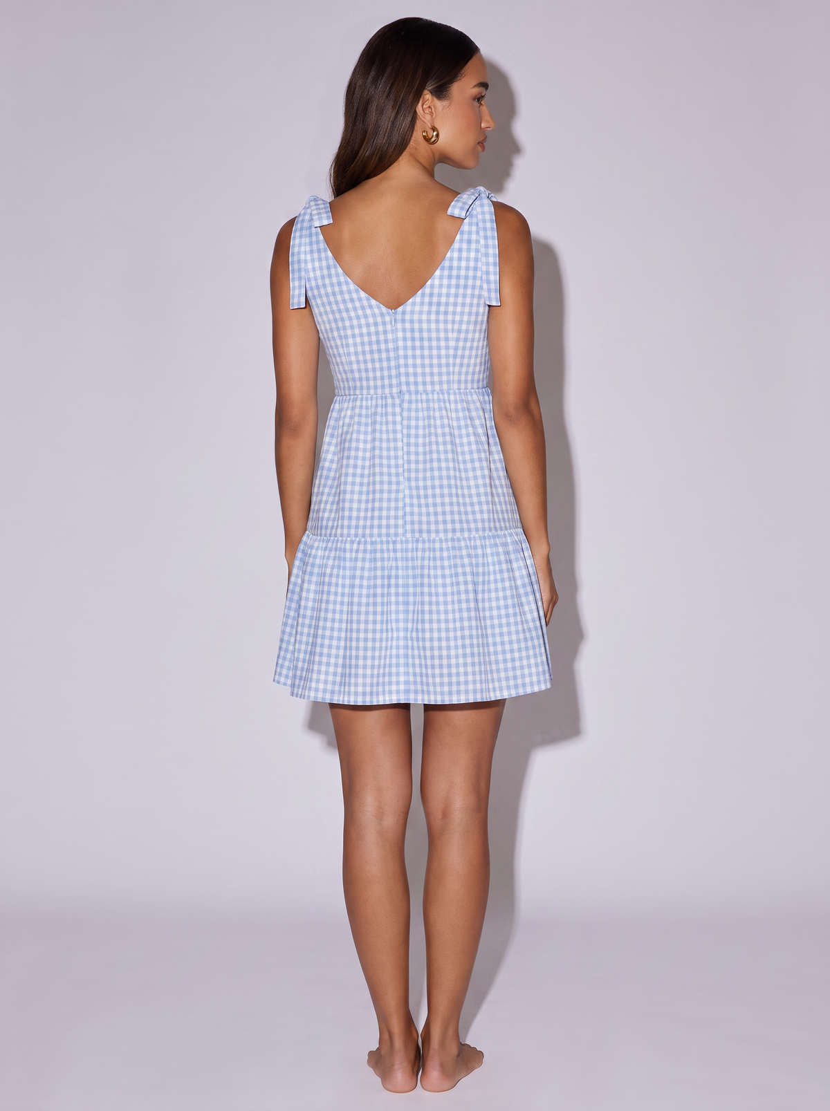 Paris Gingham Tie-Shoulder Ruffle Dress - Light Blue - back