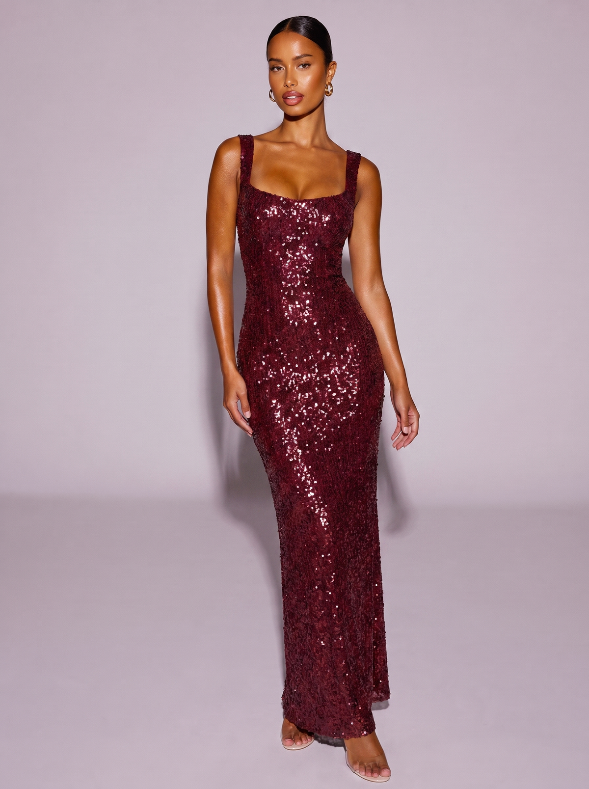 Miami Sequin Wide Strap Dress in Burgundy