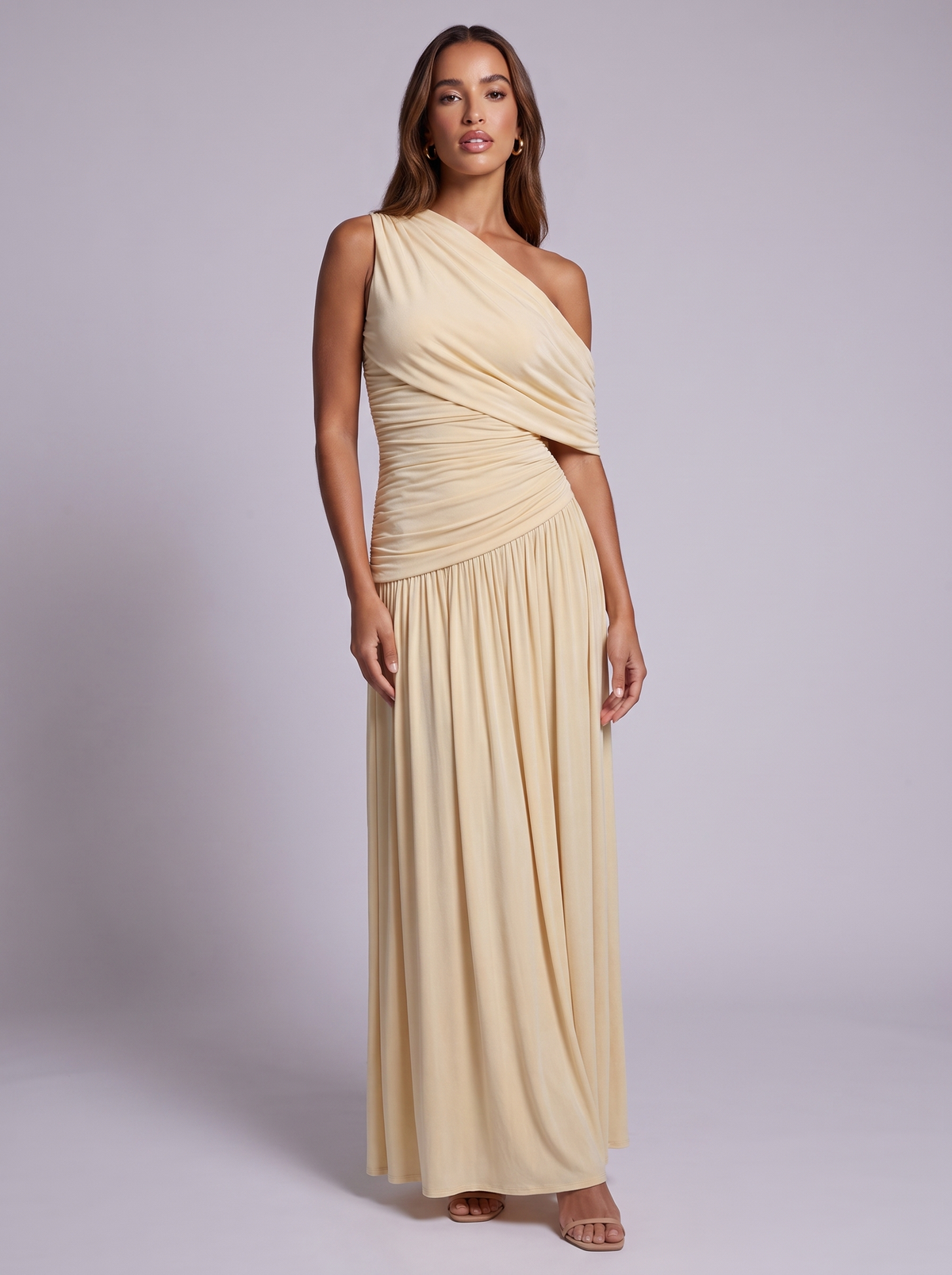 Monaco One-Shoulder Ruched Dress in Beige