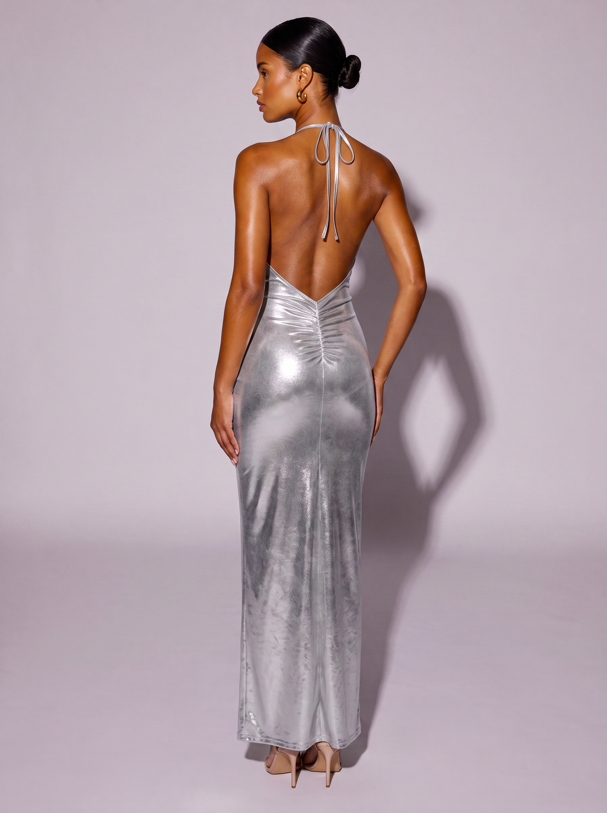 Los Angeles Ruched Halter Neck Dress in Silver