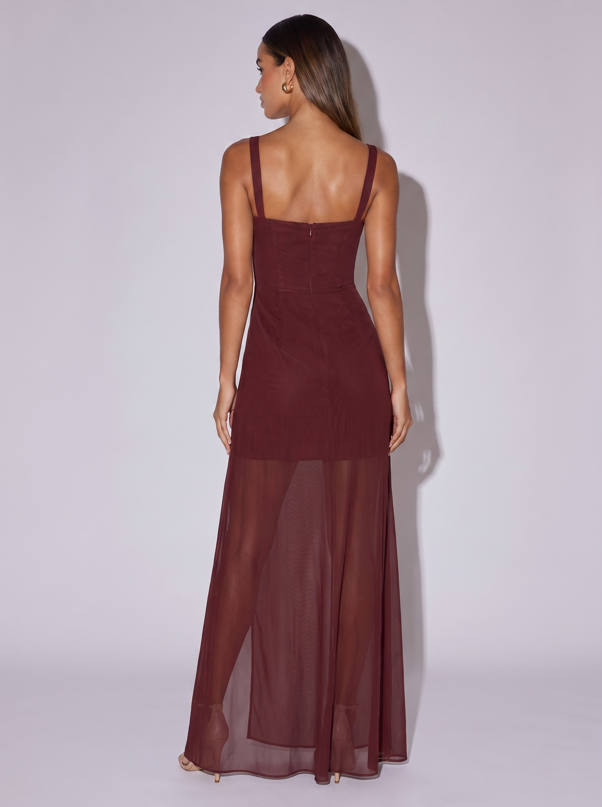 Monaco High Slit Mesh Tube Dress in Burgundy
