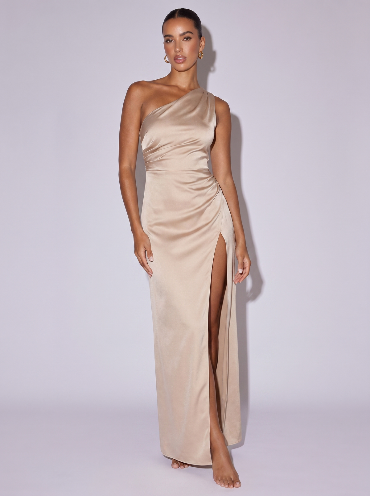 Monaco One Shoulder Satin High Slit Dress in Beige
