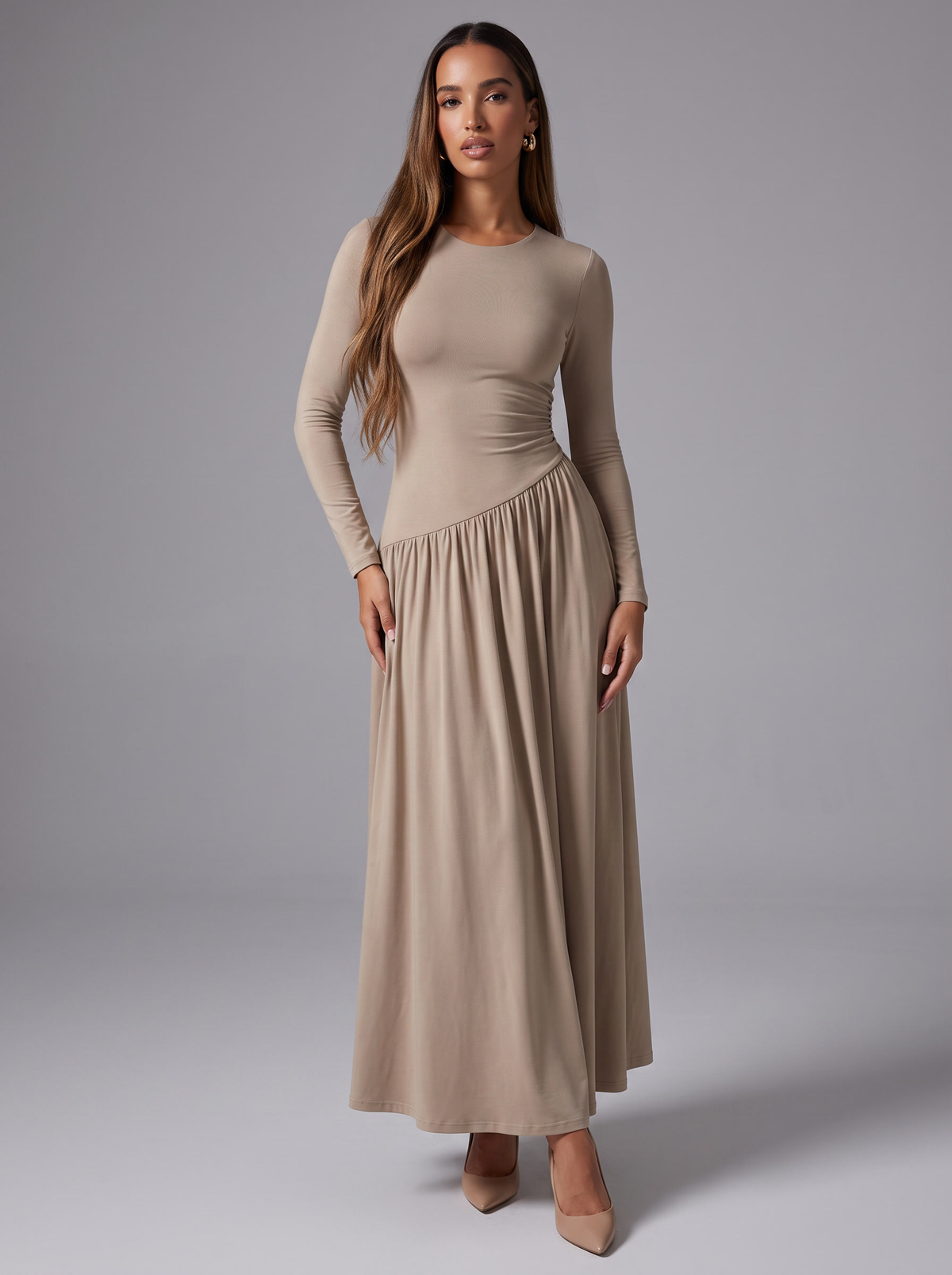 Monaco Long Sleeve Ruched A-Line Dress in Dust Storm