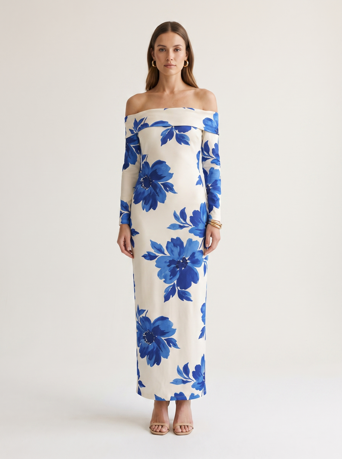 Floral Print One-Shoulder Ruched Maxi Dress in Blue