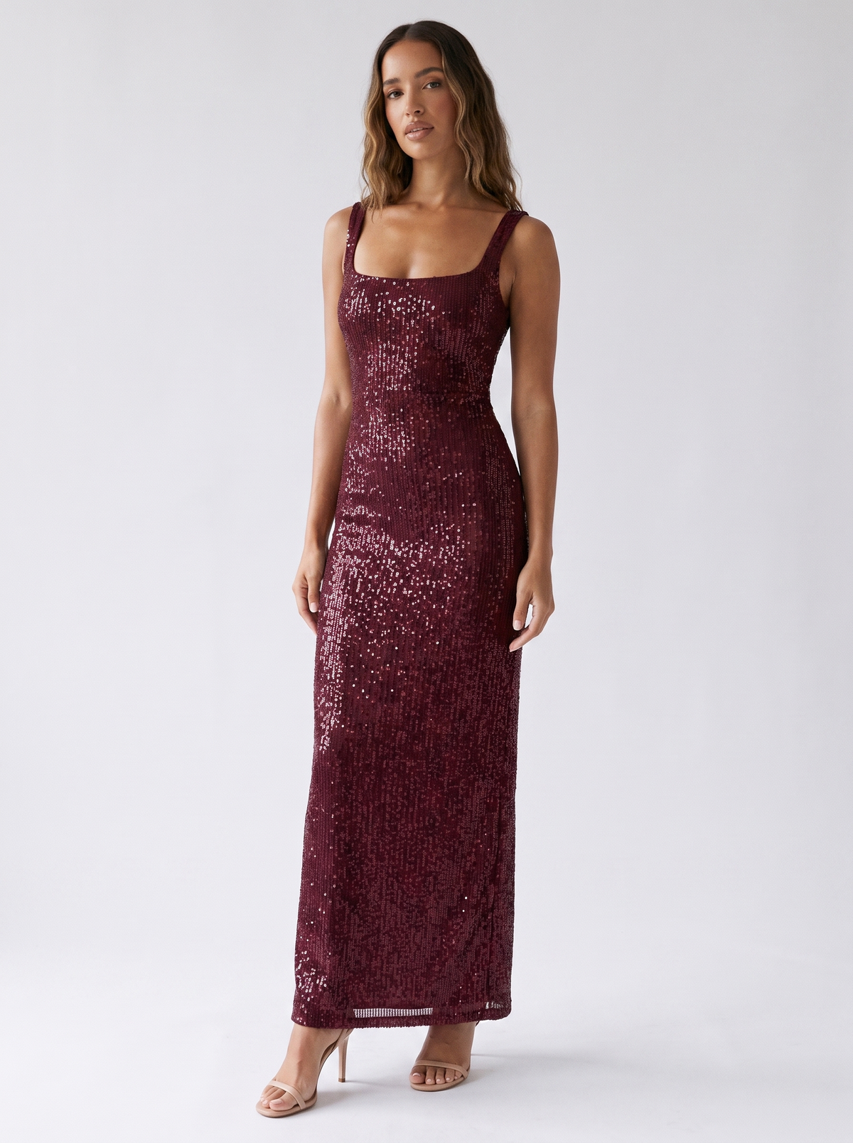Miami Sequin Wide Strap Dress in Burgundy