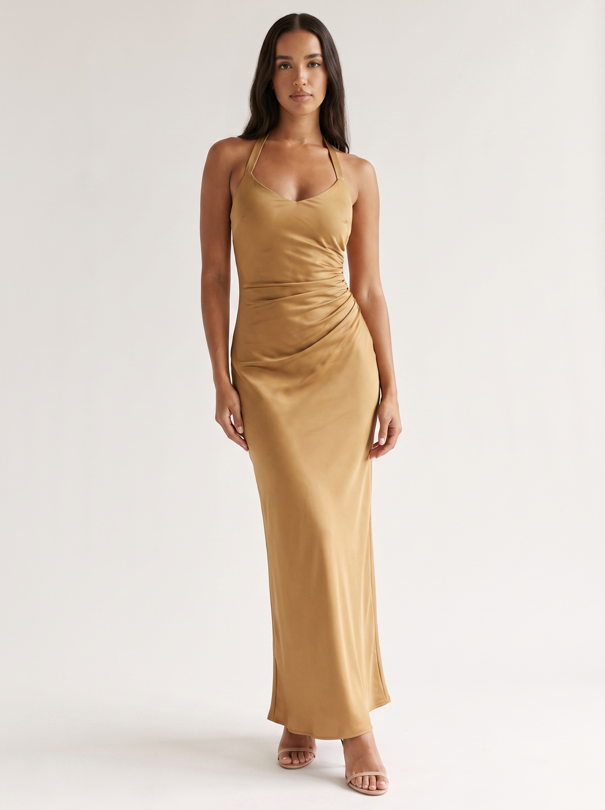 Los Angeles Ruched Halter Neck Dress in Gold