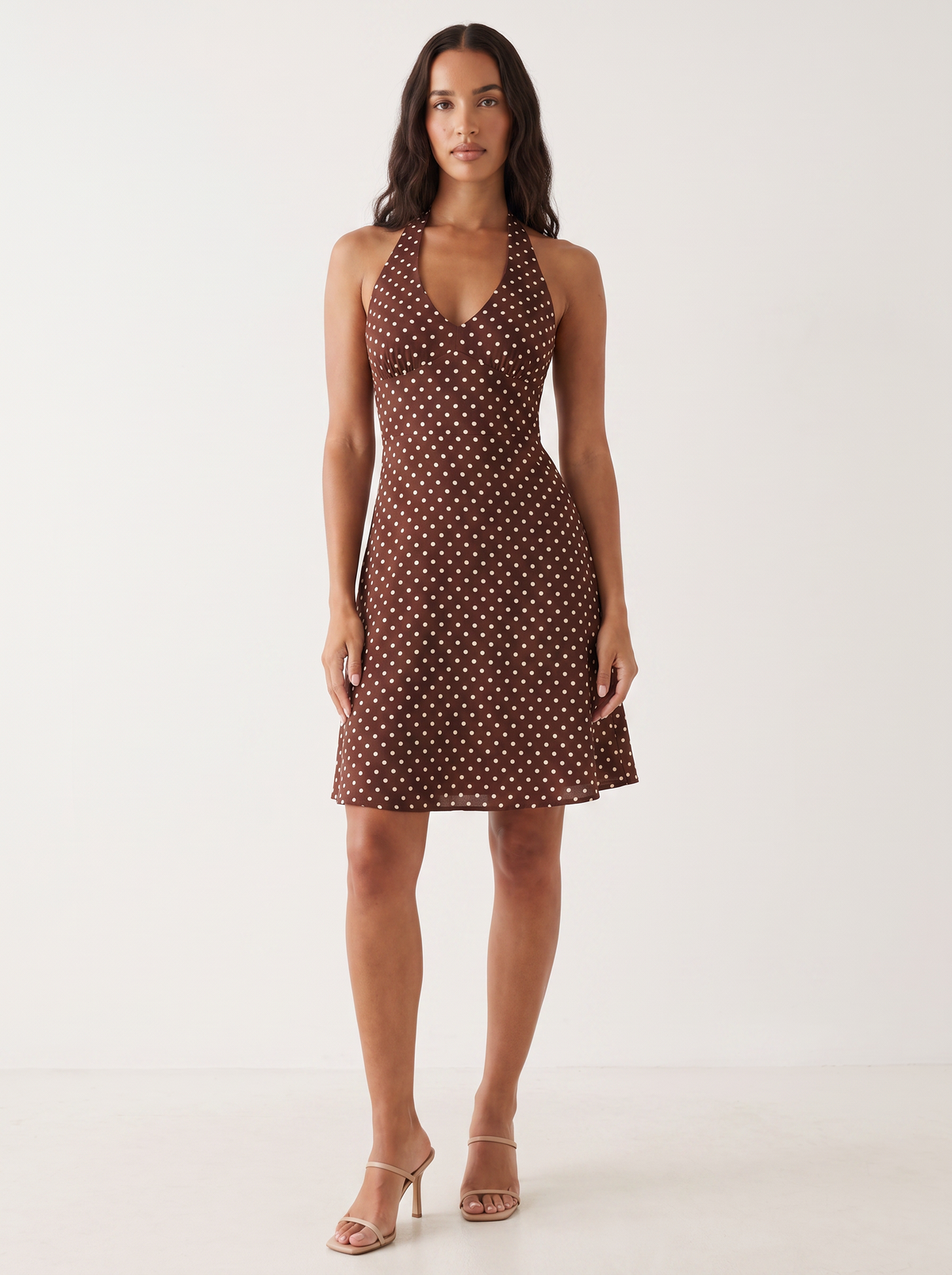 Paris Polka Dot Halter Neck Dress in Brown