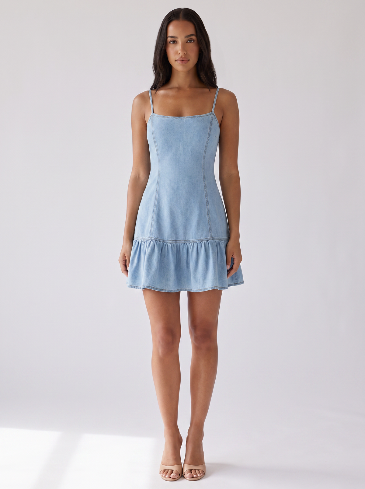New York Casual Spaghetti Strap Ruffle Hem Denim Dress in Blue