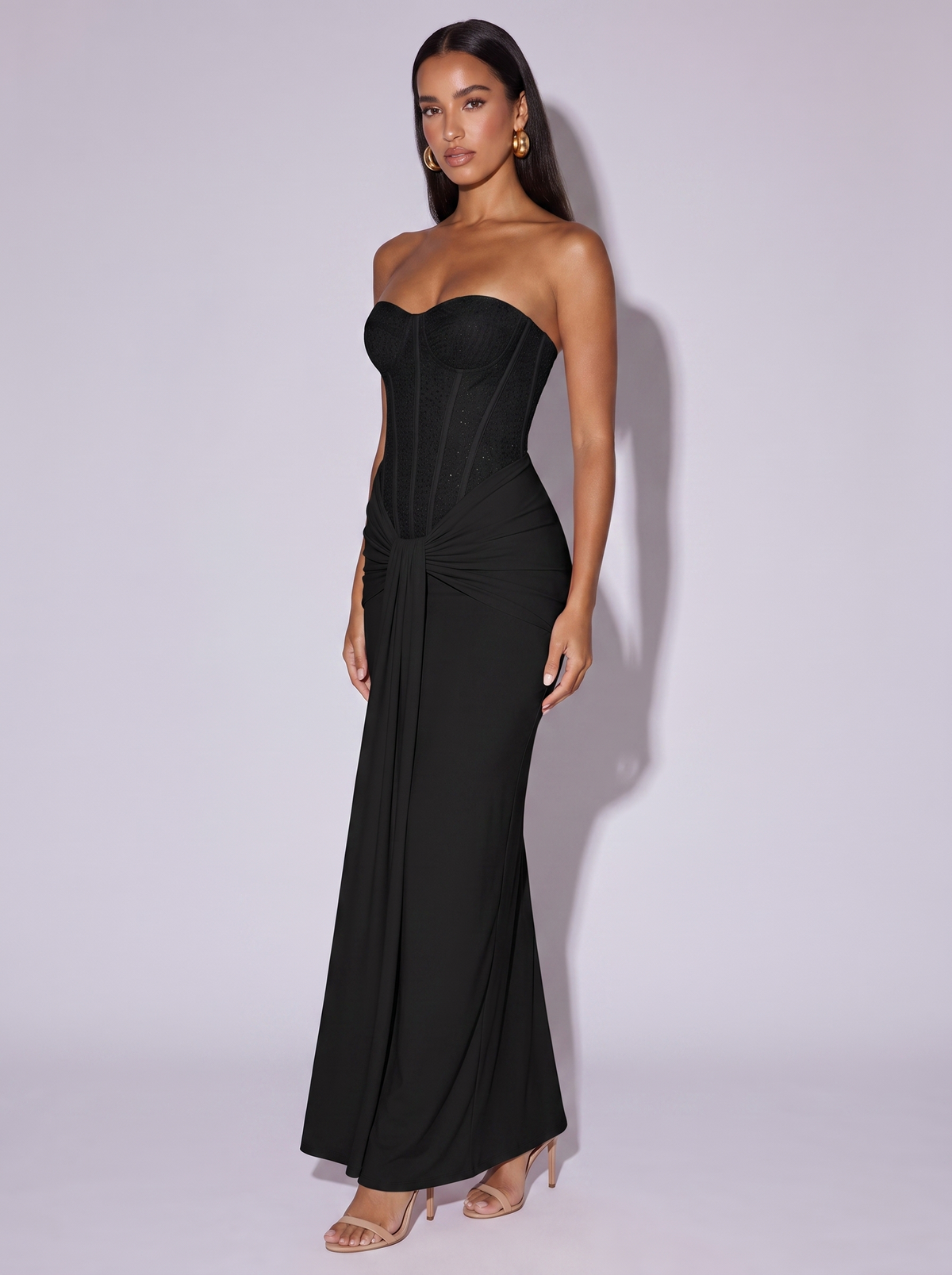 Monaco Embellished Corset Maxi Gown in Black — three-quarter