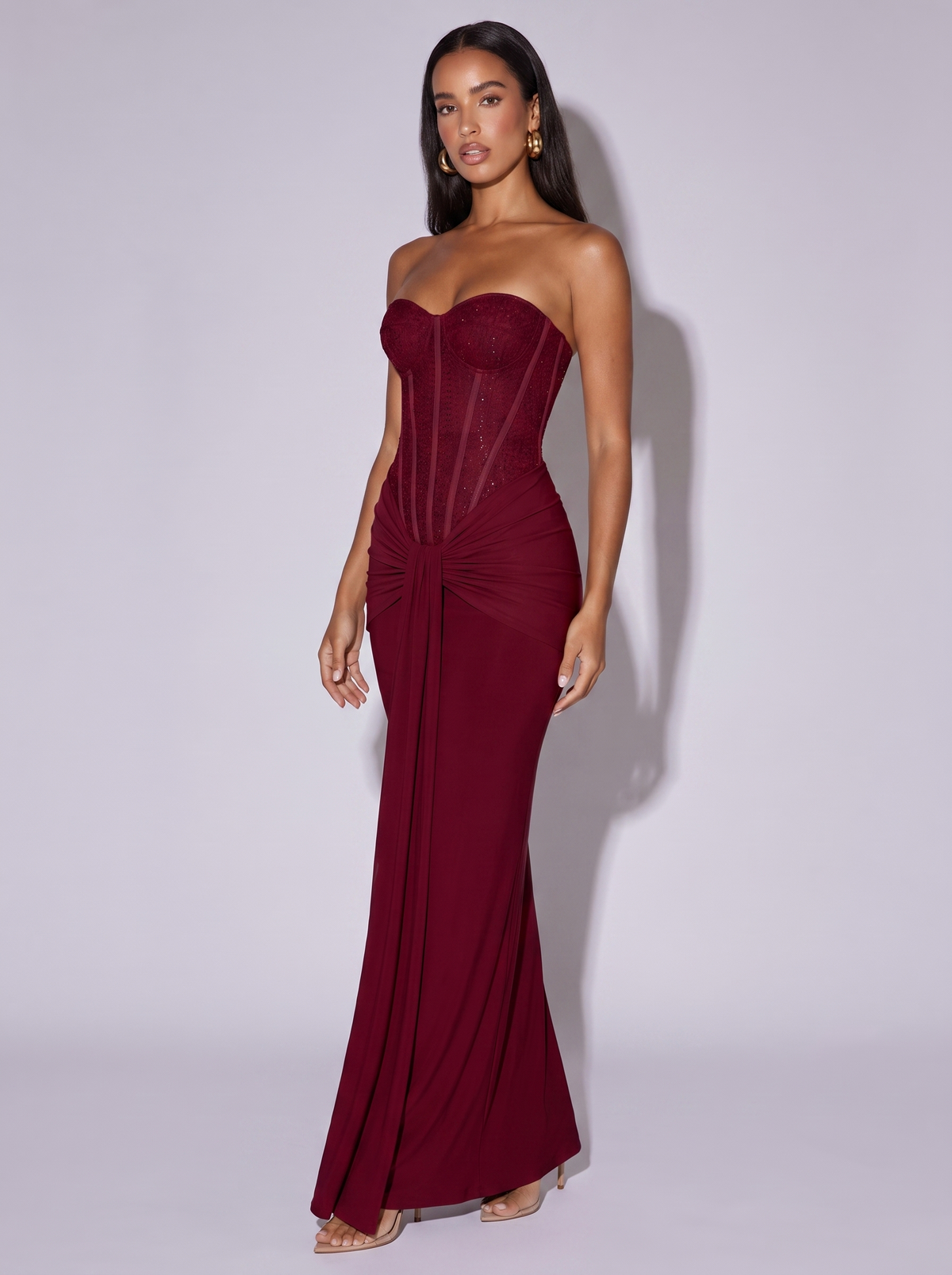 Monaco Embellished Corset Maxi Gown in Wine red