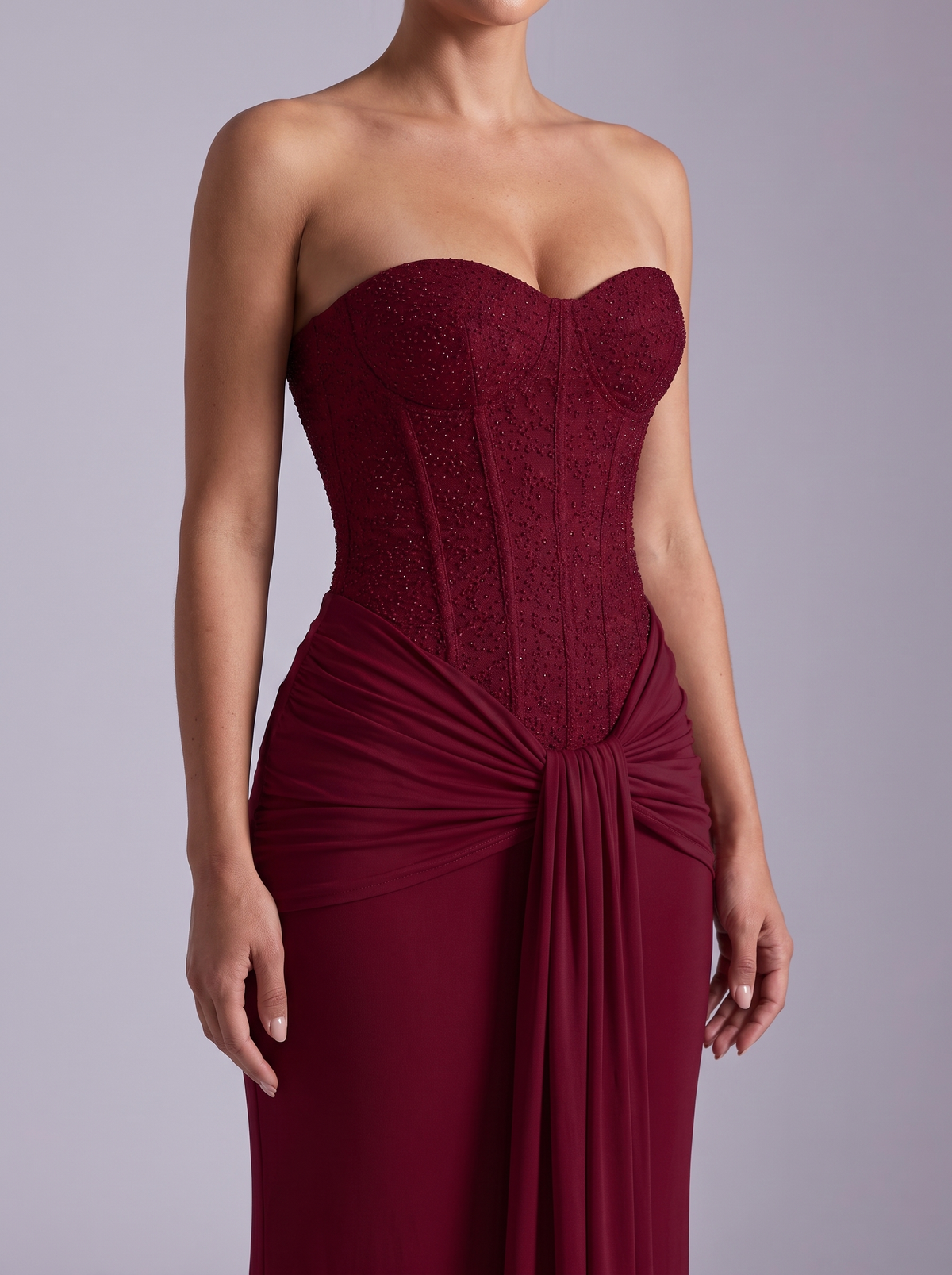 Monaco Embellished Corset Maxi Gown in Wine red