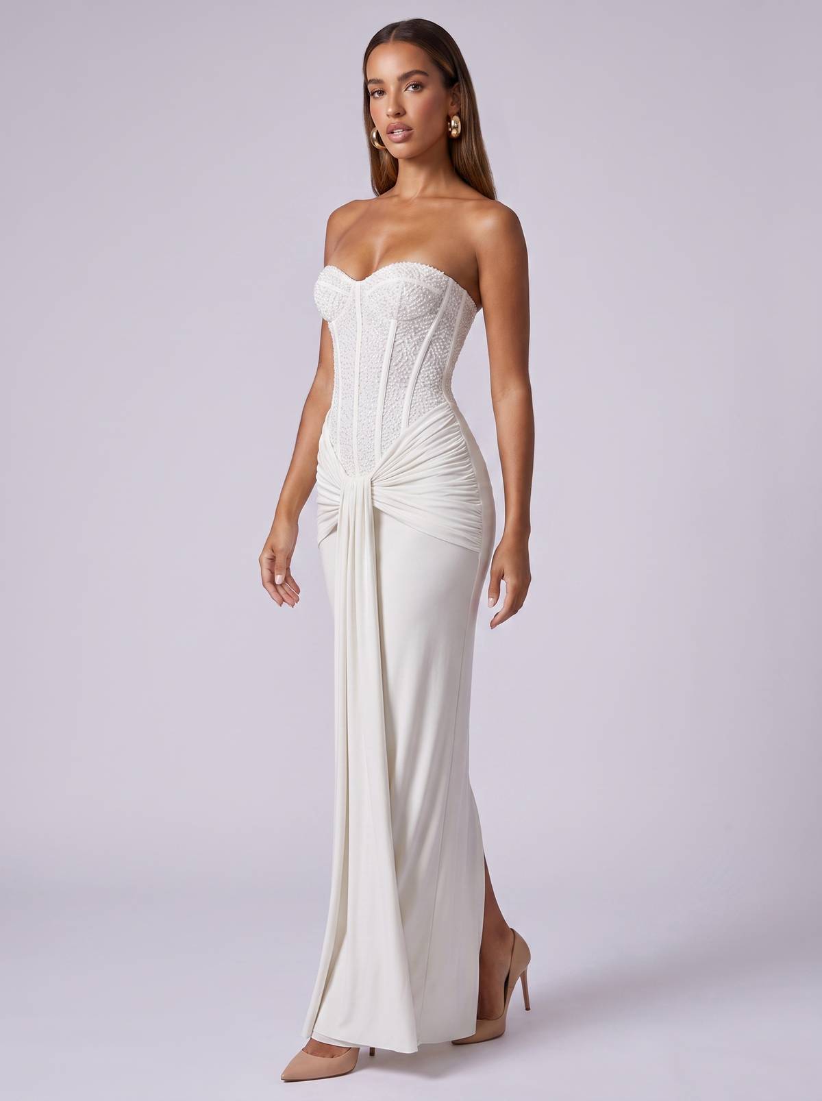 Monaco Embellished Corset Maxi Gown in White