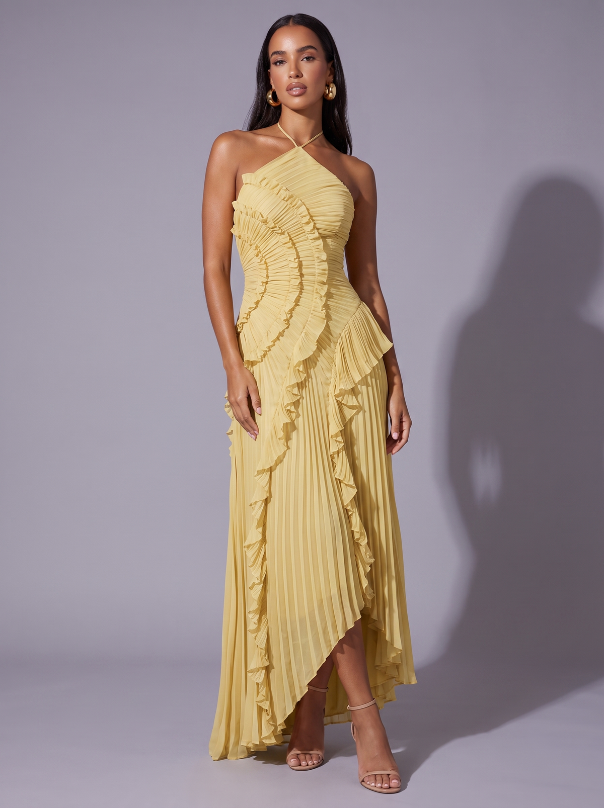 Santorini Pleated Ruffle Maxi Dress in Yellow