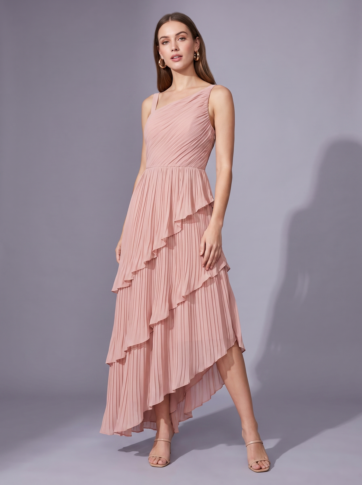 Santorini Pleated Ruffle Maxi Dress in Light pink