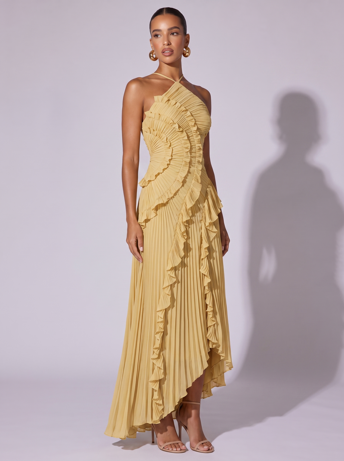Santorini Pleated Ruffle Maxi Dress in Yellow