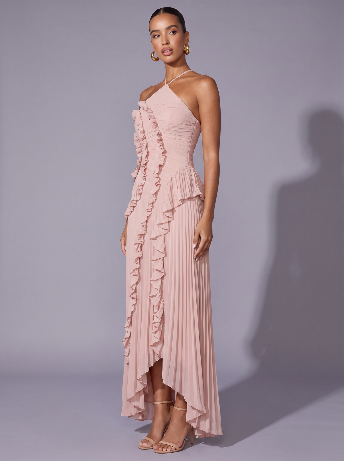 Santorini Pleated Ruffle Maxi Dress in Light pink
