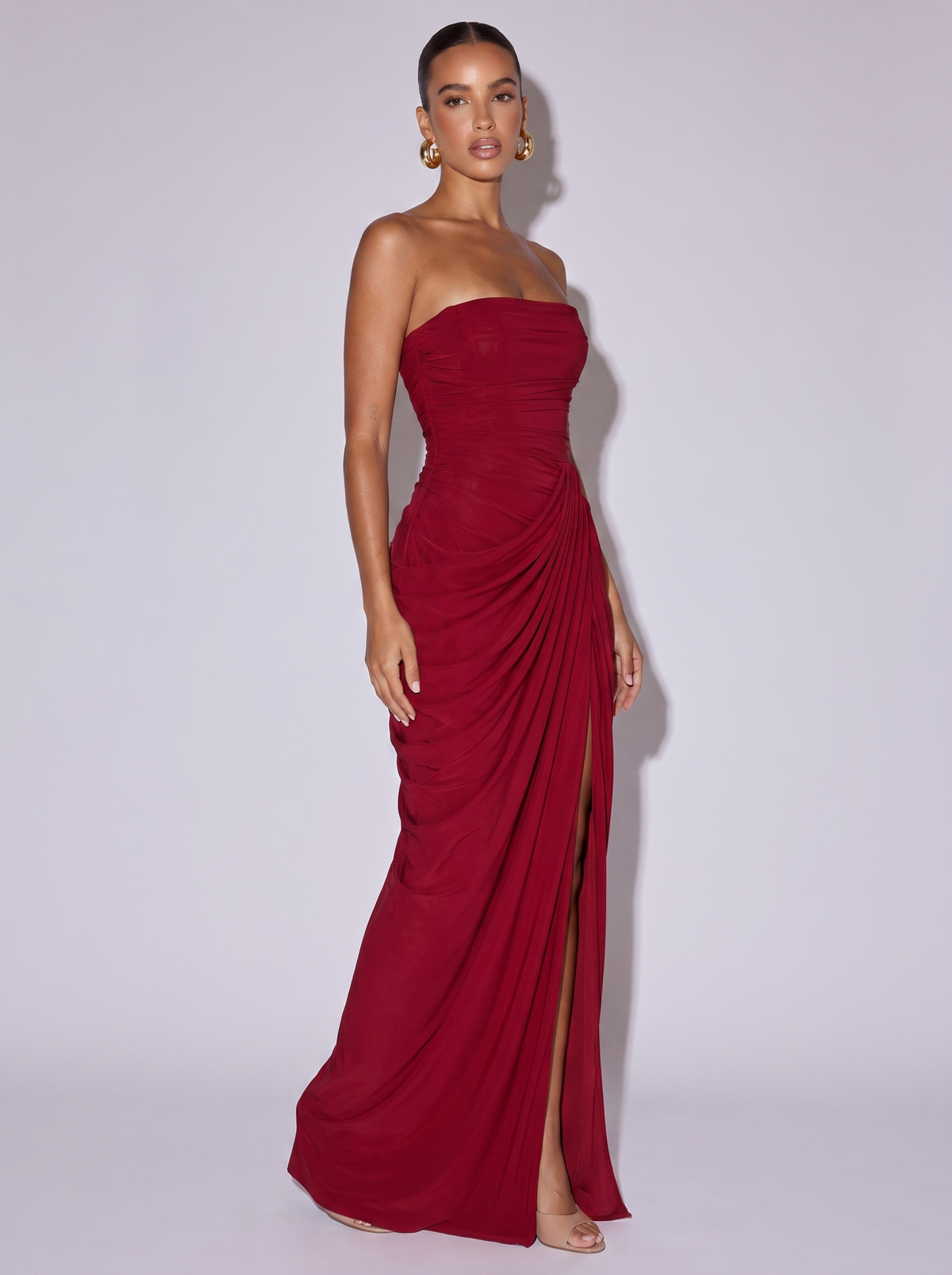 New York Strapless Ruched Slit Gown in Burgundy