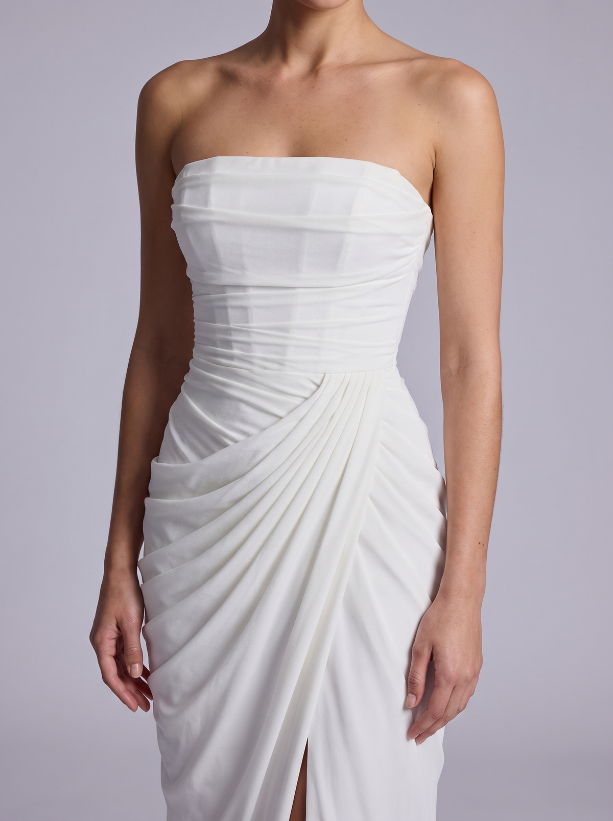 New York Strapless Ruched Slit Gown in White
