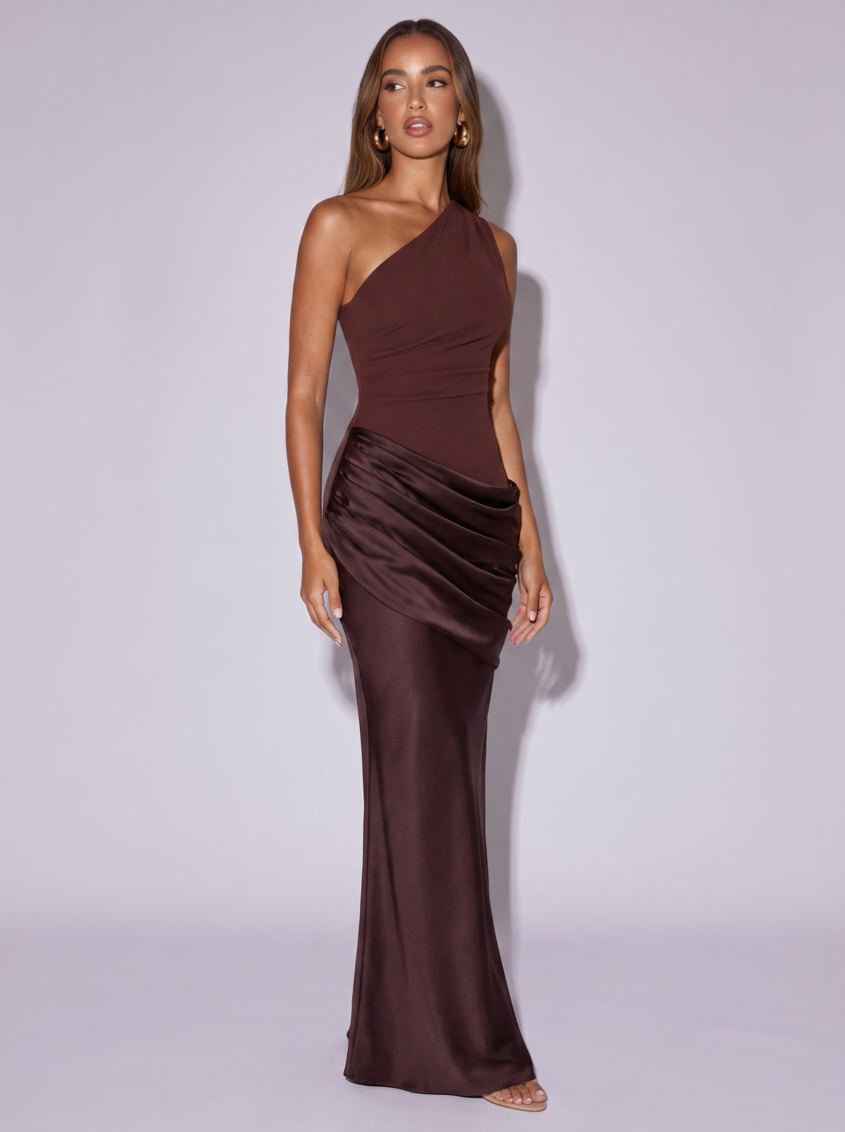 Rome One-Shoulder Satin Maxi Dress in Brown — three-quarter