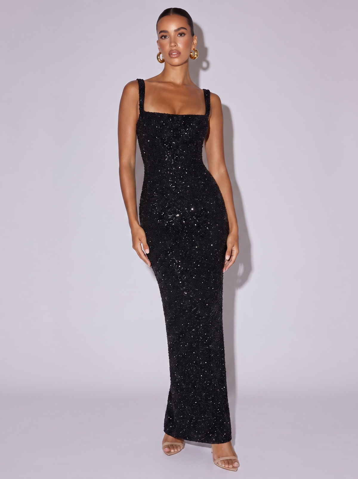 Monaco Beaded Square Neck Gown in Black