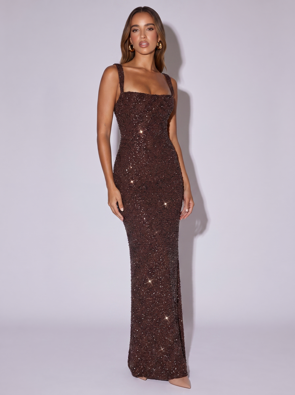 Monaco Beaded Square Neck Gown in Dark brown