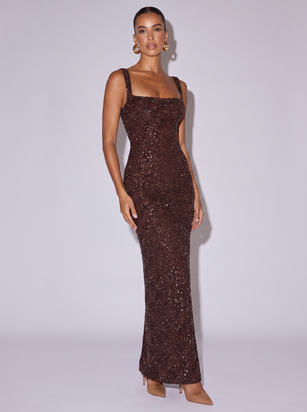Monaco Beaded Square Neck Gown in Dark brown