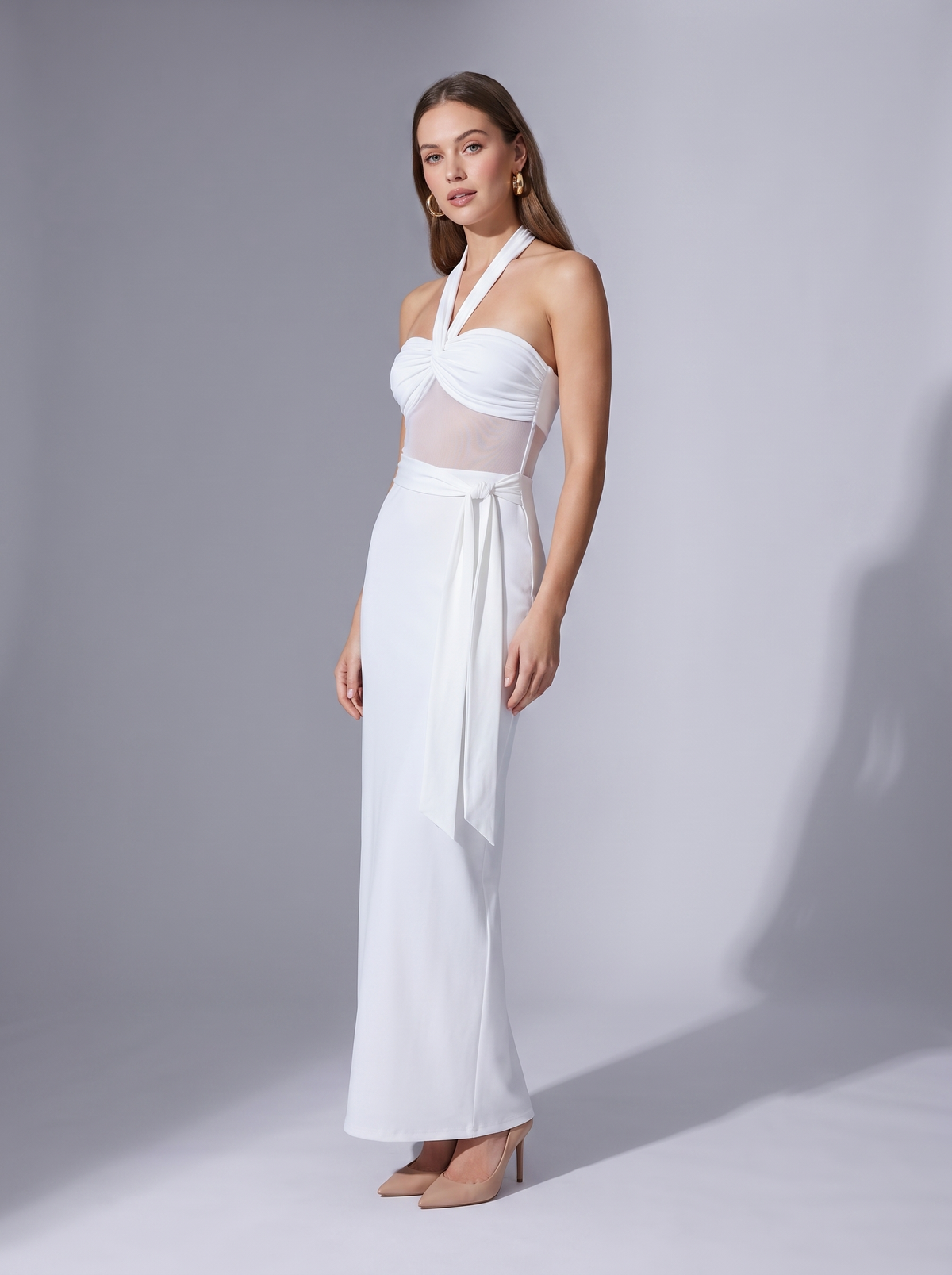 Miami Mesh Panel Halter Gown in White
