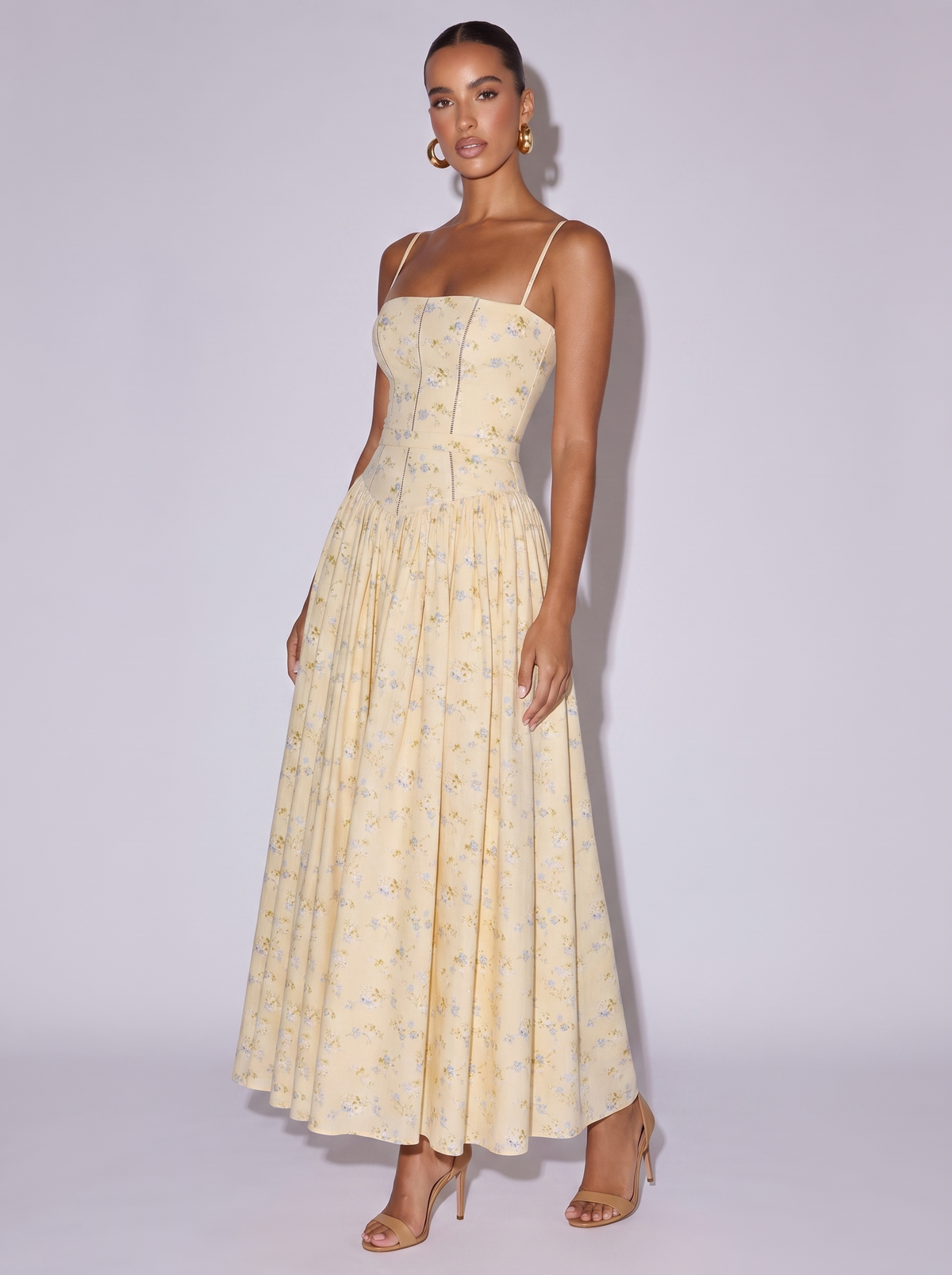 Amsterdam Floral Corset Midi Dress in Yellow flowers