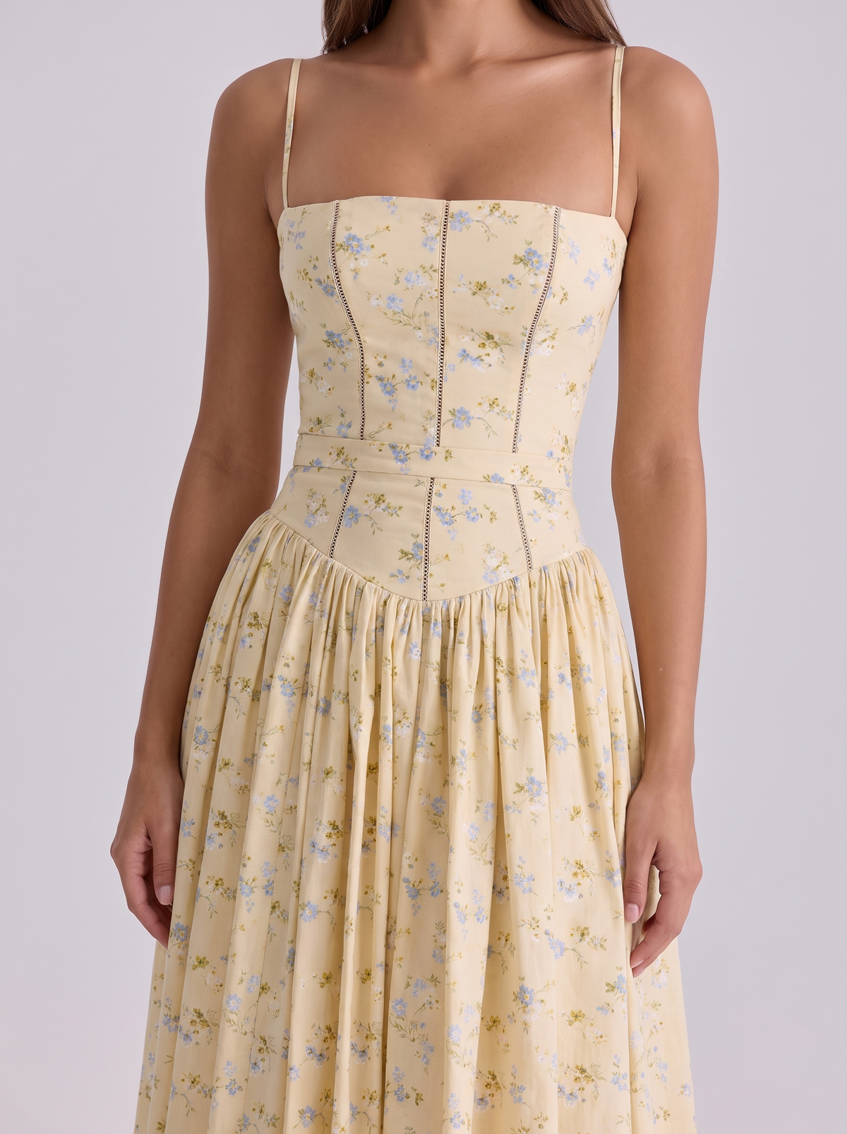 Amsterdam Floral Corset Midi Dress in Yellow flowers