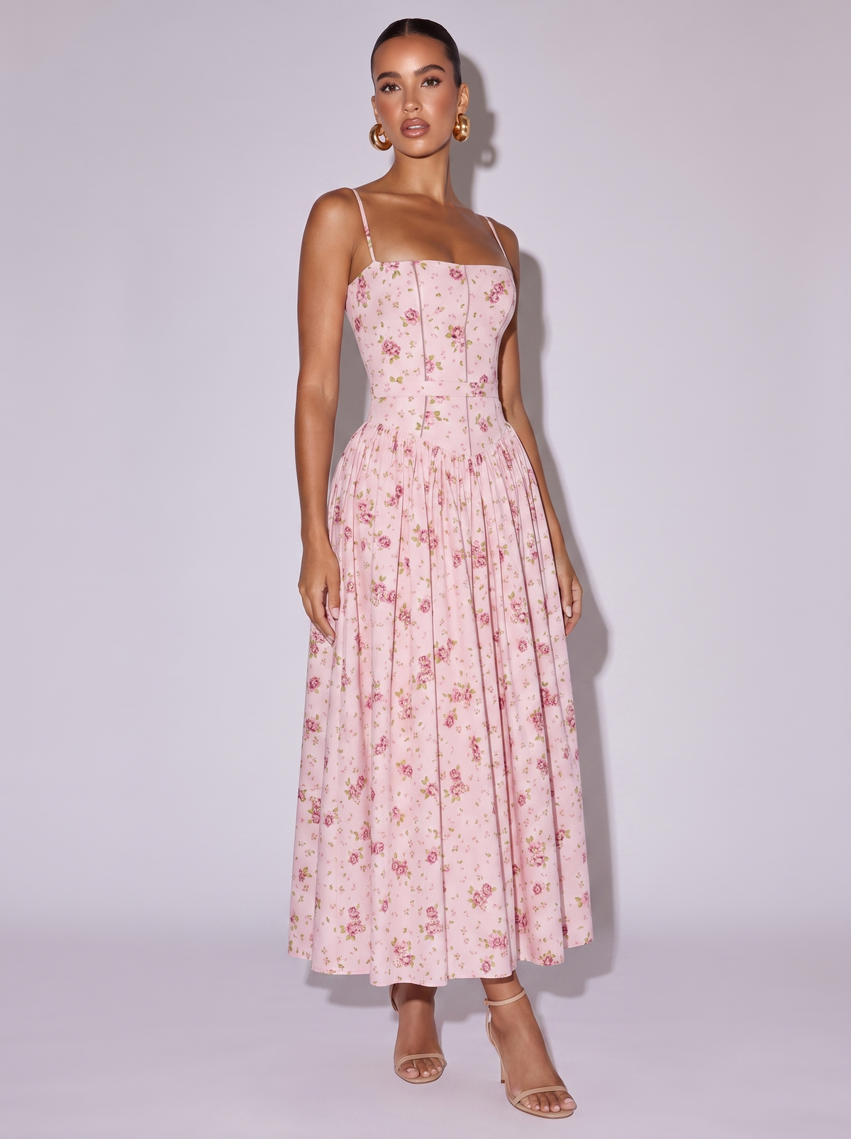 Amsterdam Floral Corset Midi Dress — Pink flowers — three-quarter