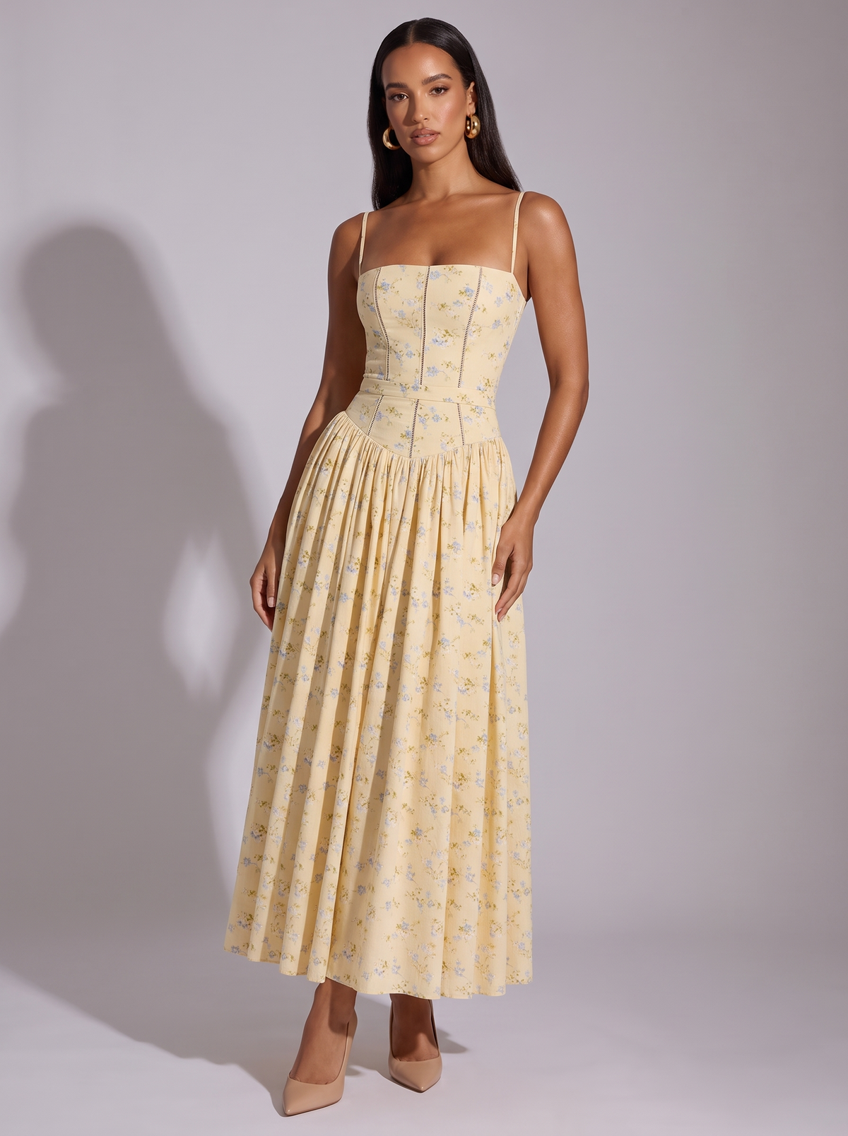 Amsterdam Floral Corset Midi Dress in Yellow flowers