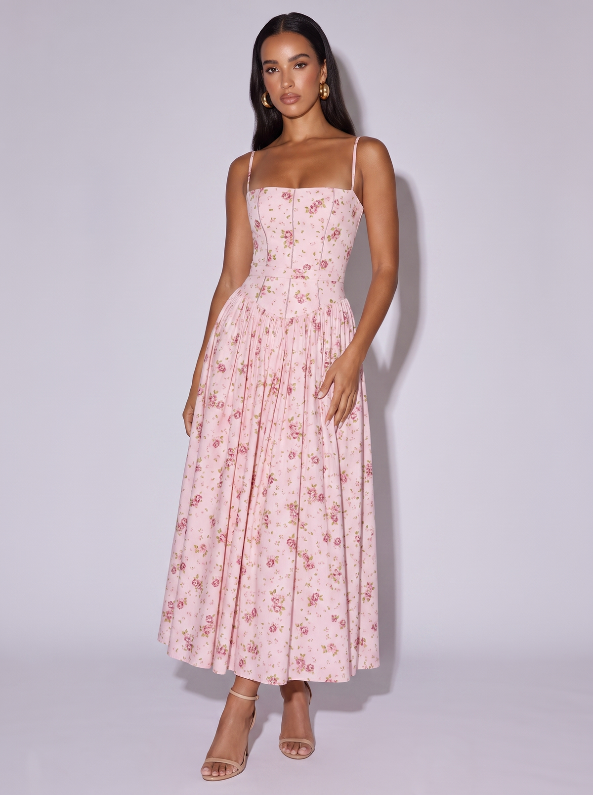 Amsterdam Floral Corset Midi Dress — Pink flowers — front
