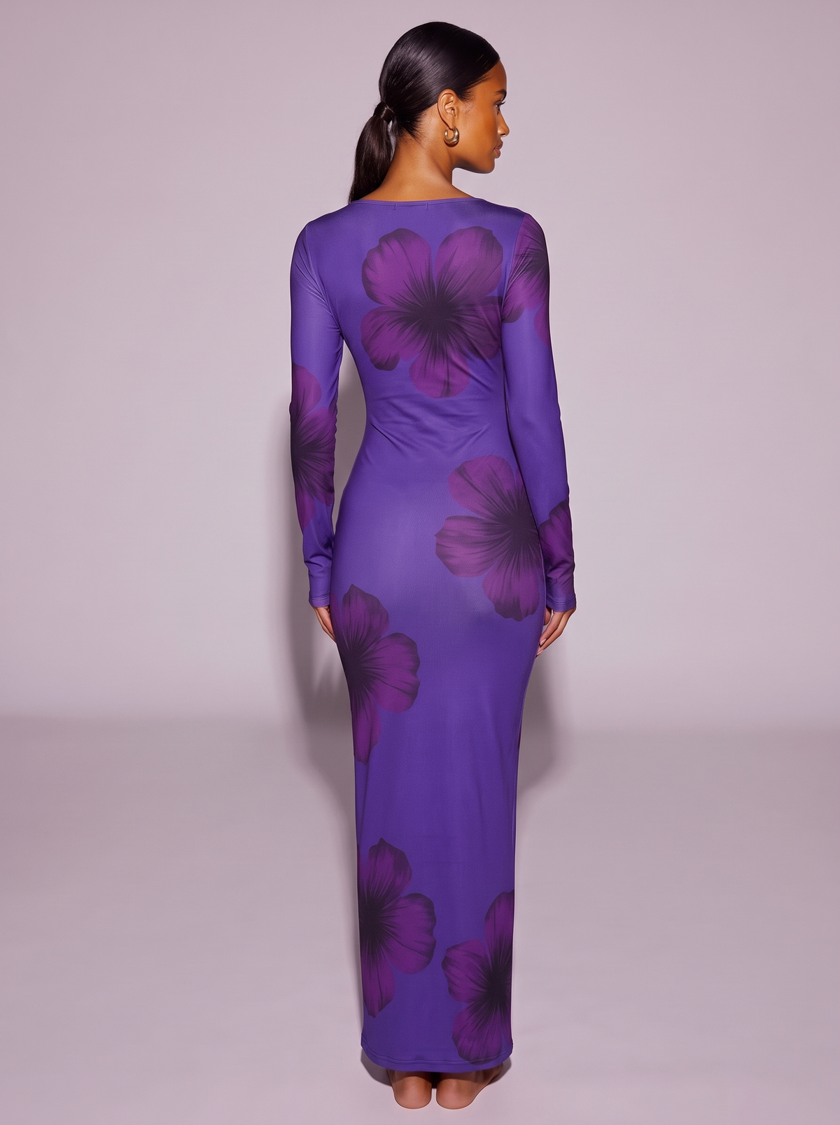 Floral Print One-Shoulder Ruched Maxi Dress in Purple