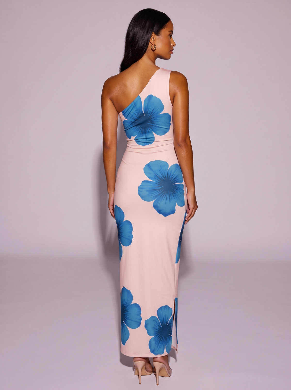 Floral Print One-Shoulder Ruched Maxi Dress in Blush Pink