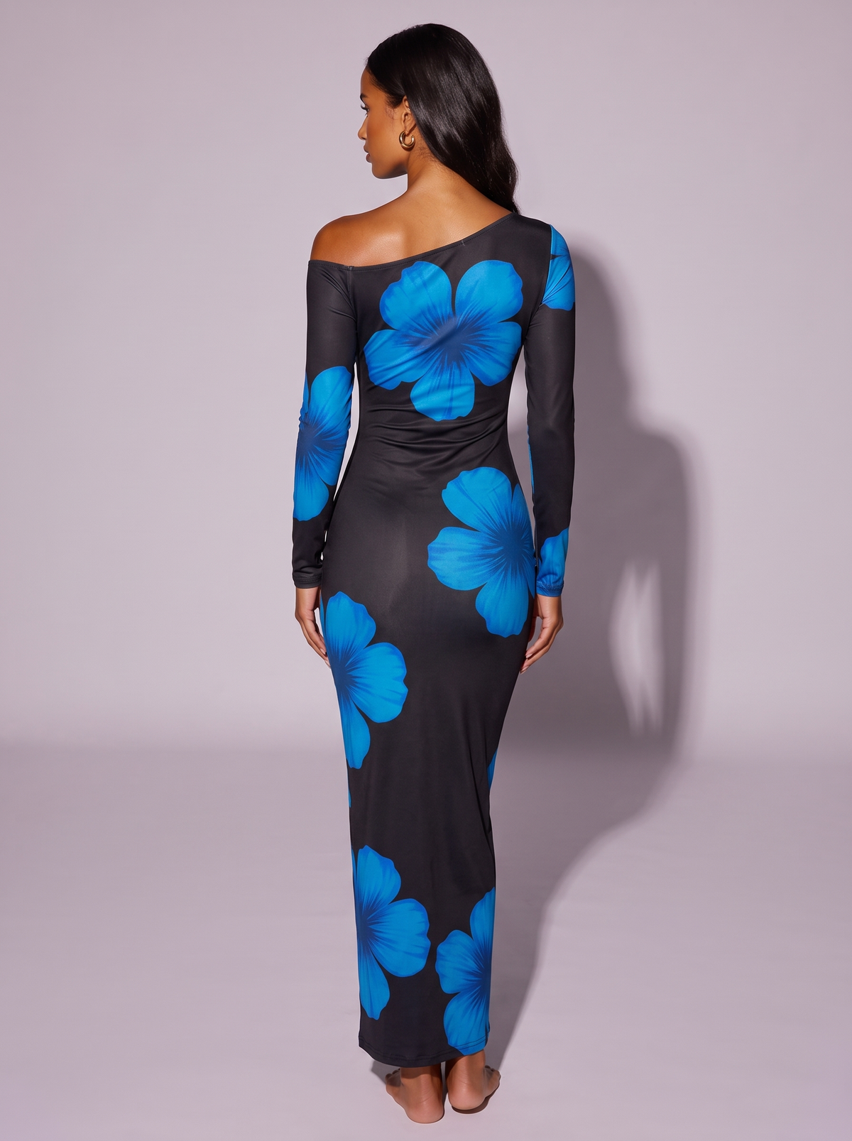 Floral Print One-Shoulder Ruched Maxi Dress in Black