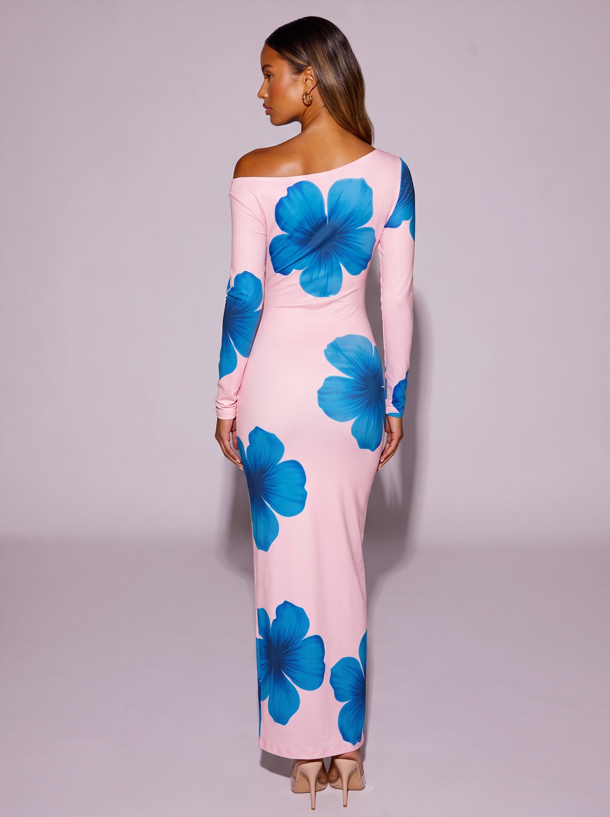 Floral Print One-Shoulder Ruched Maxi Dress in Pink