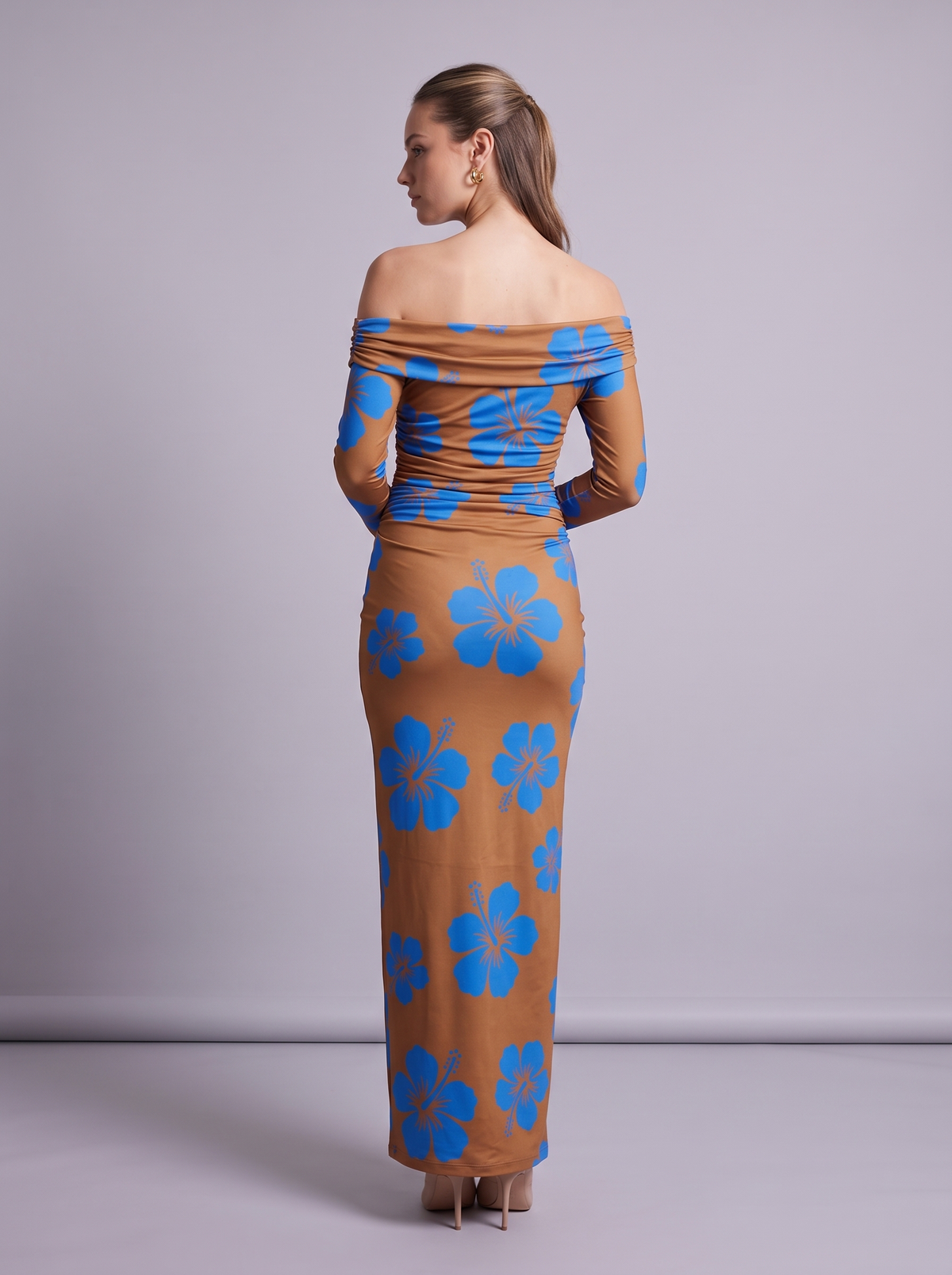 Floral Print One-Shoulder Ruched Maxi Dress in Caramel