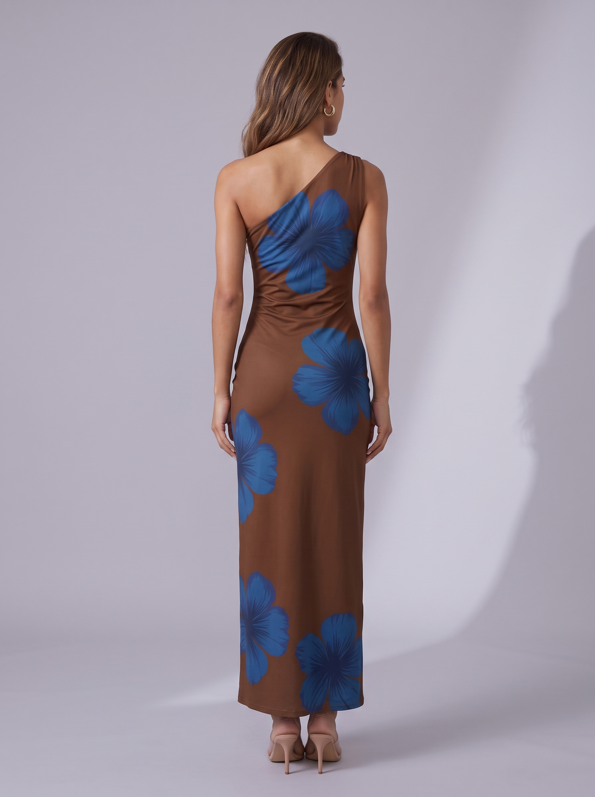 Floral Print One-Shoulder Ruched Maxi Dress in Brown
