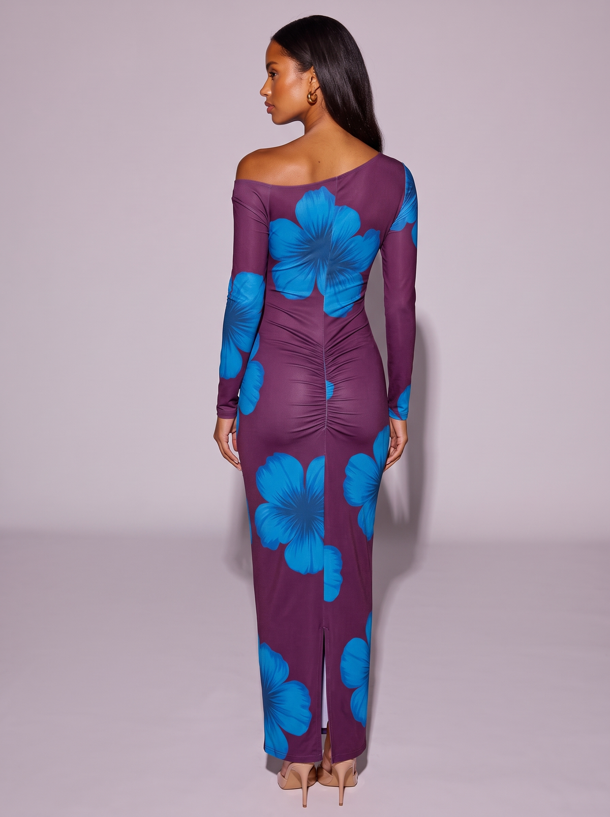 Floral Print One-Shoulder Ruched Maxi Dress in Plum Purple