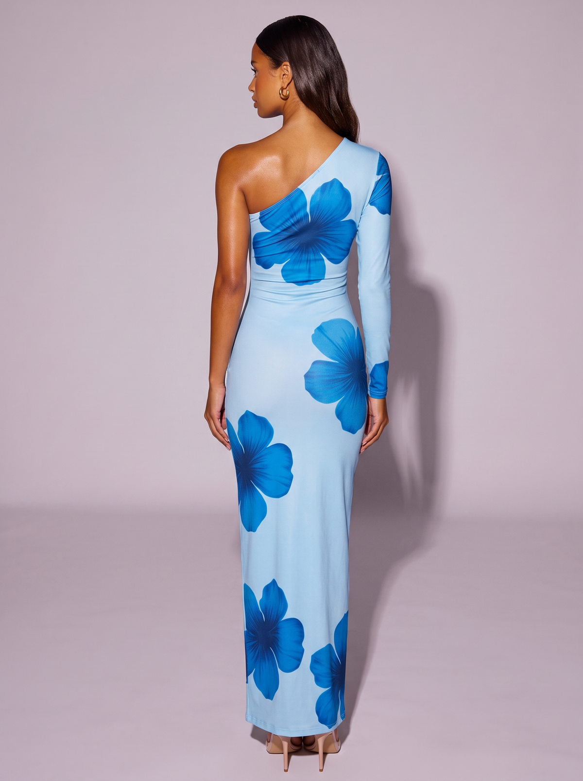 Floral Print One-Shoulder Ruched Maxi Dress in Sky Blue