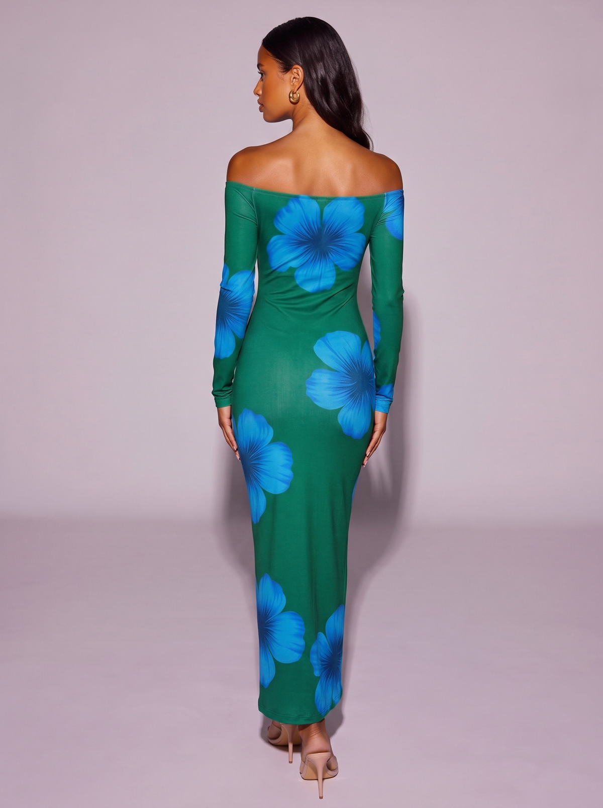 Floral Print One-Shoulder Ruched Maxi Dress in Green