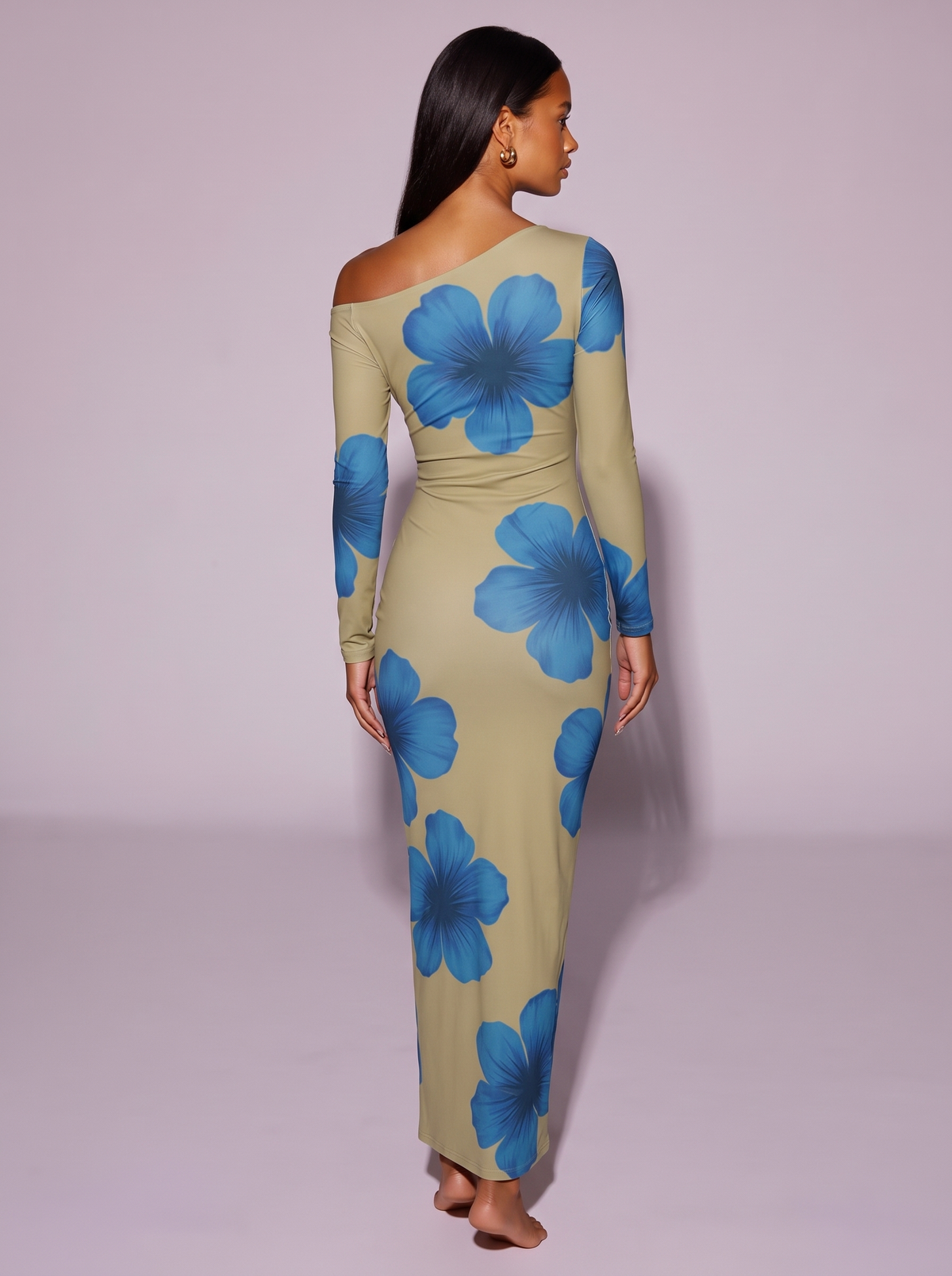 Floral Print One-Shoulder Ruched Maxi Dress in Khaki