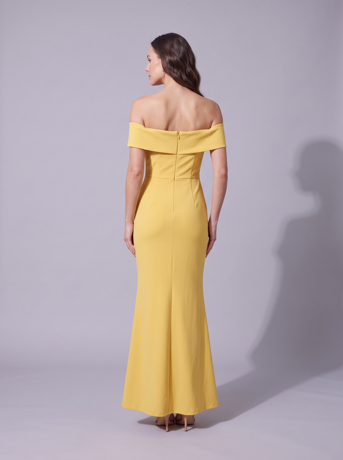 Monaco Backless Off-Shoulder Mermaid Dress in Yellow — back