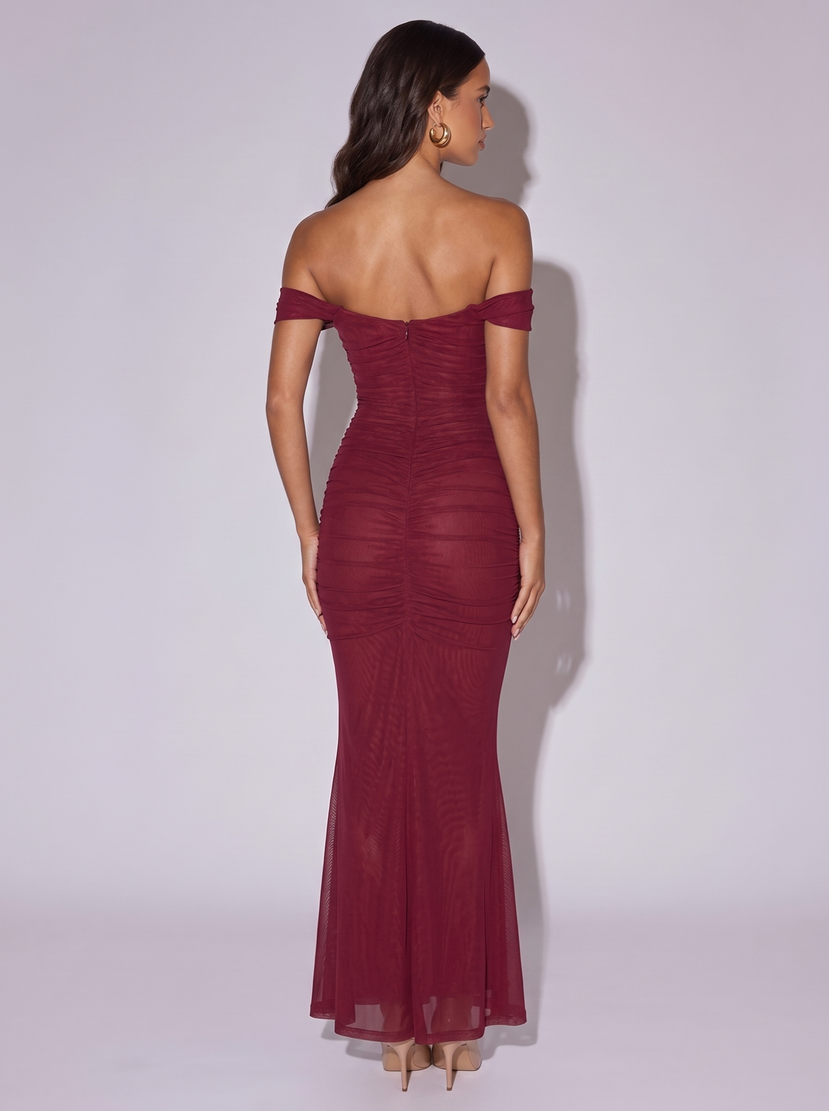 Monaco Off-Shoulder Ruched Mermaid Dress in Burgundy — back