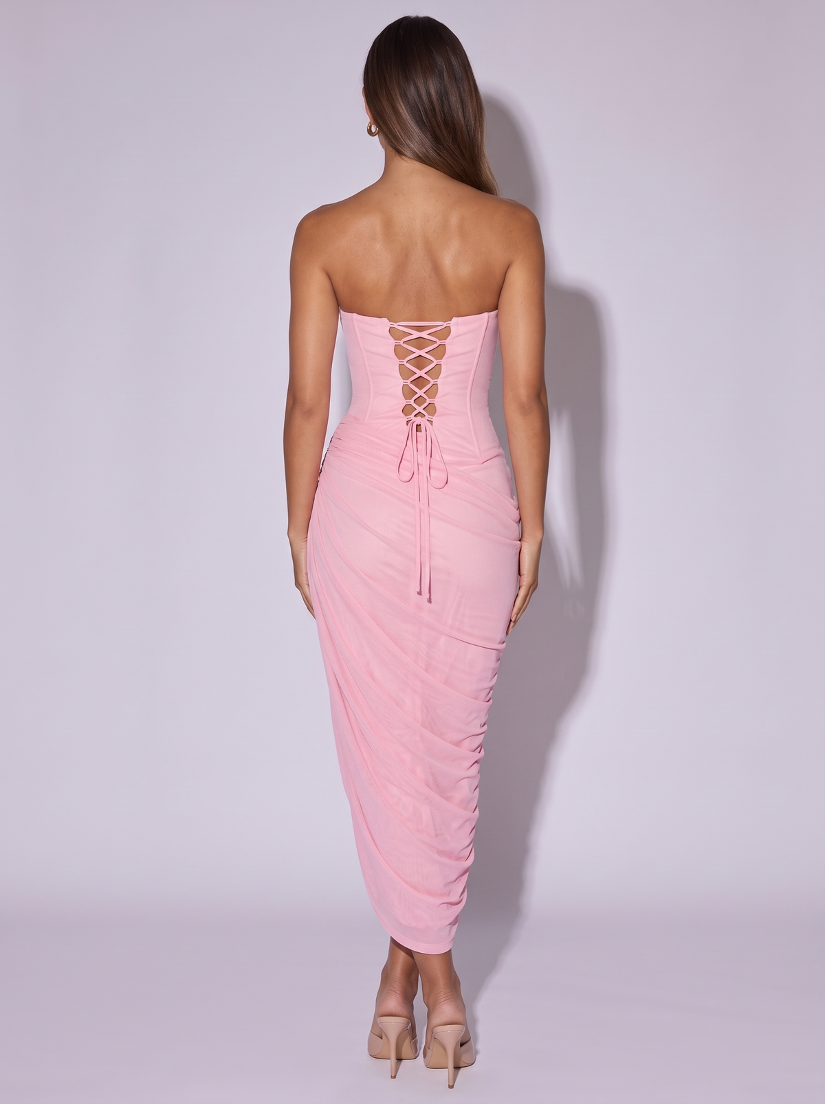 Ibiza Lace Up Back Tube Dress in Pink — back