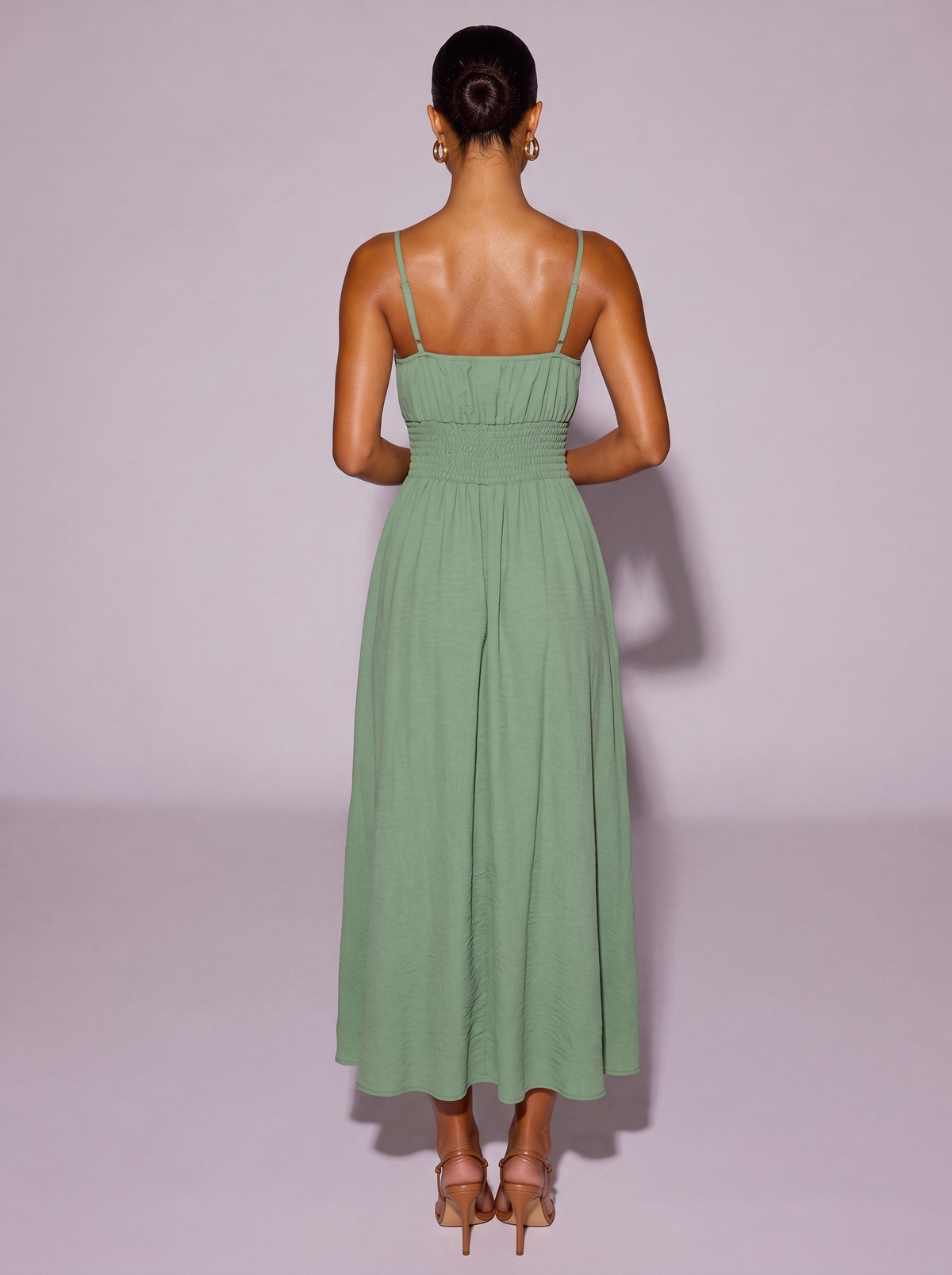 New York Smocked Spaghetti Strap Dress in Matcha Green — back view