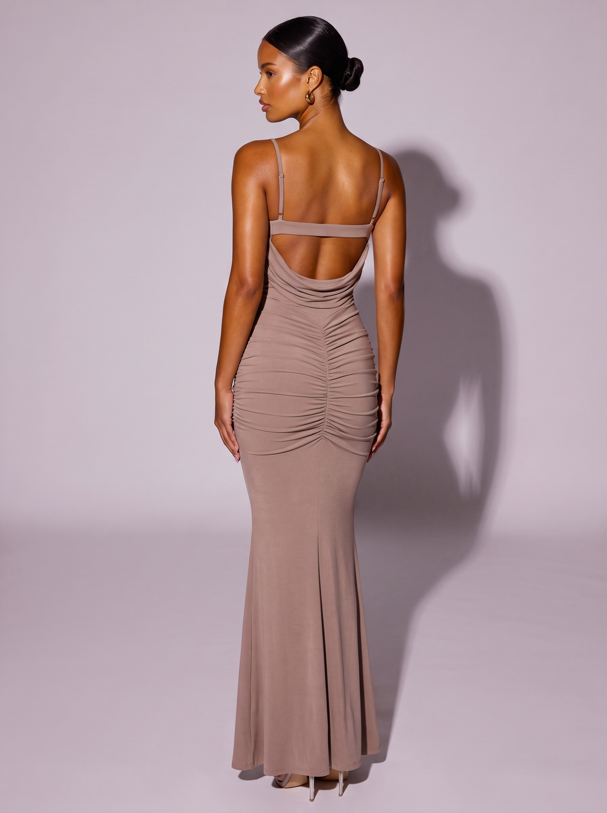 Monaco Ruched Spaghetti Strap Bodycon Dress in Khaki — back view
