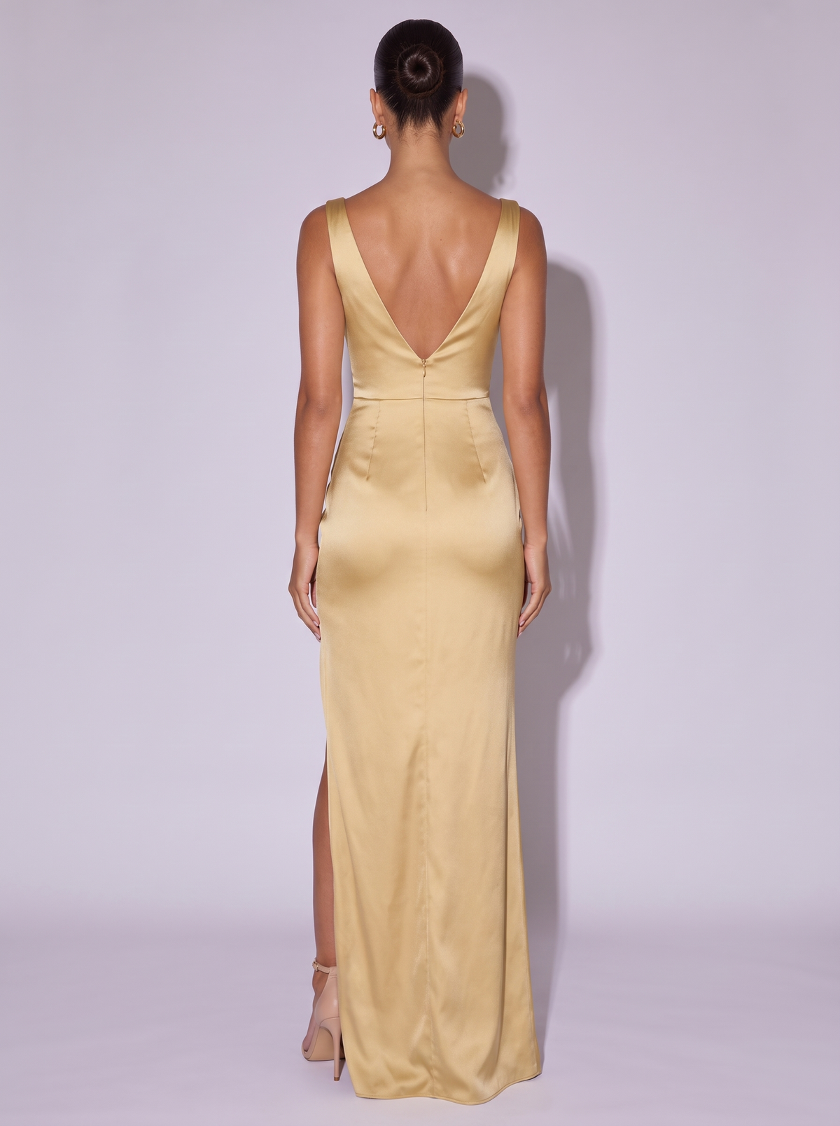 Monaco Satin Cowl Neck High Slit Dress in Champagne Color — back view