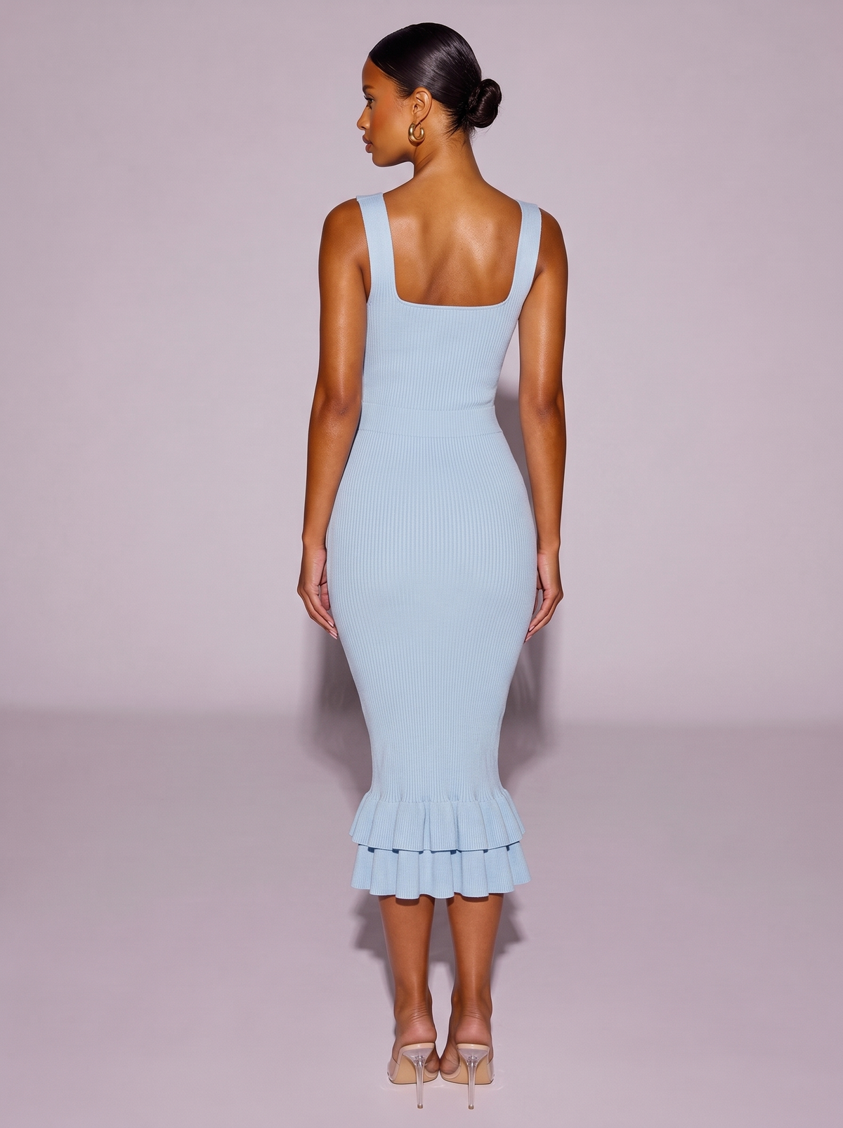 London Ribbed Knit Bodycon Mermaid Dress in Light Blue — back view