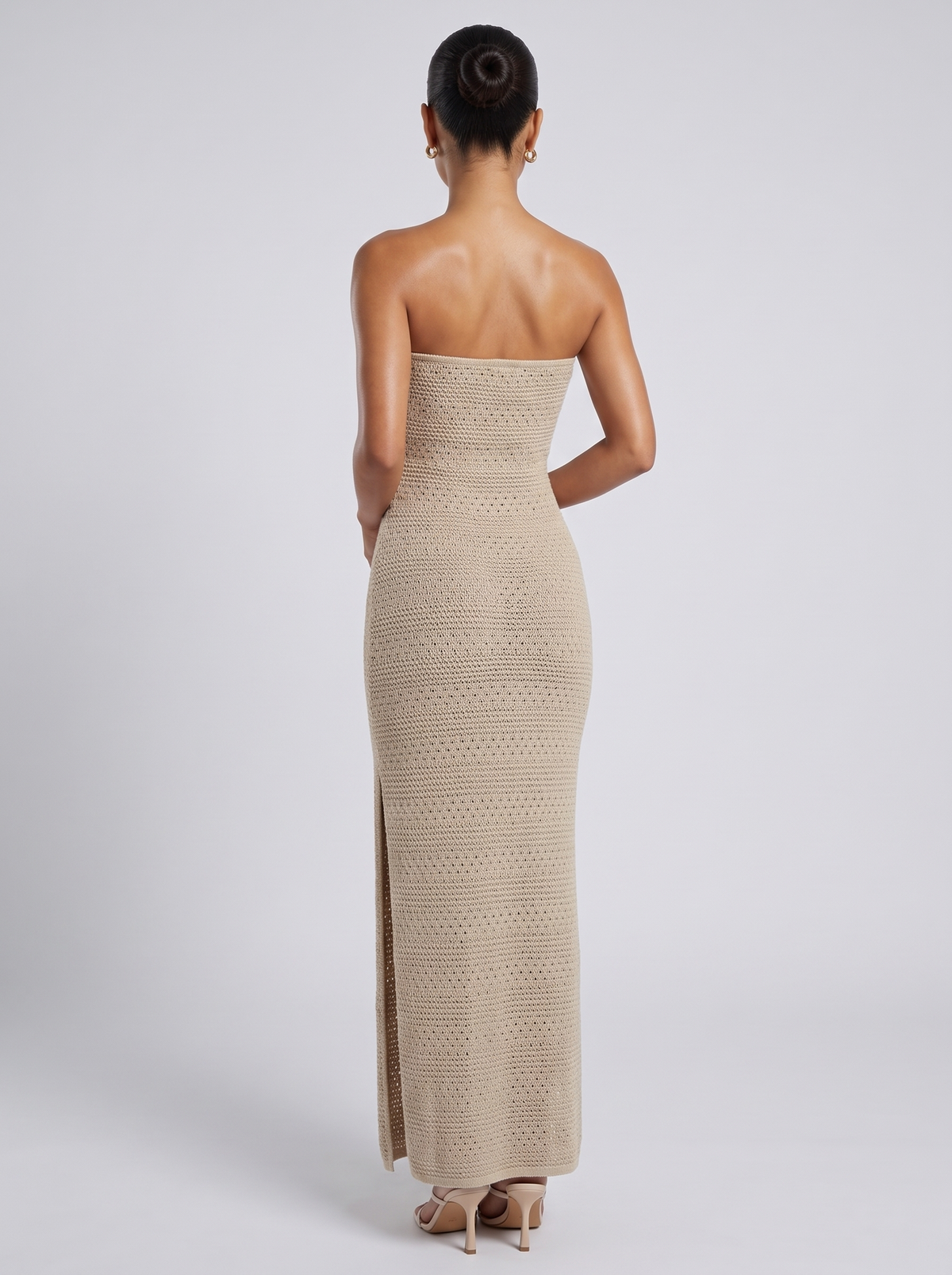 Ibiza Slit Knitted Tube Dress in Beige — back view